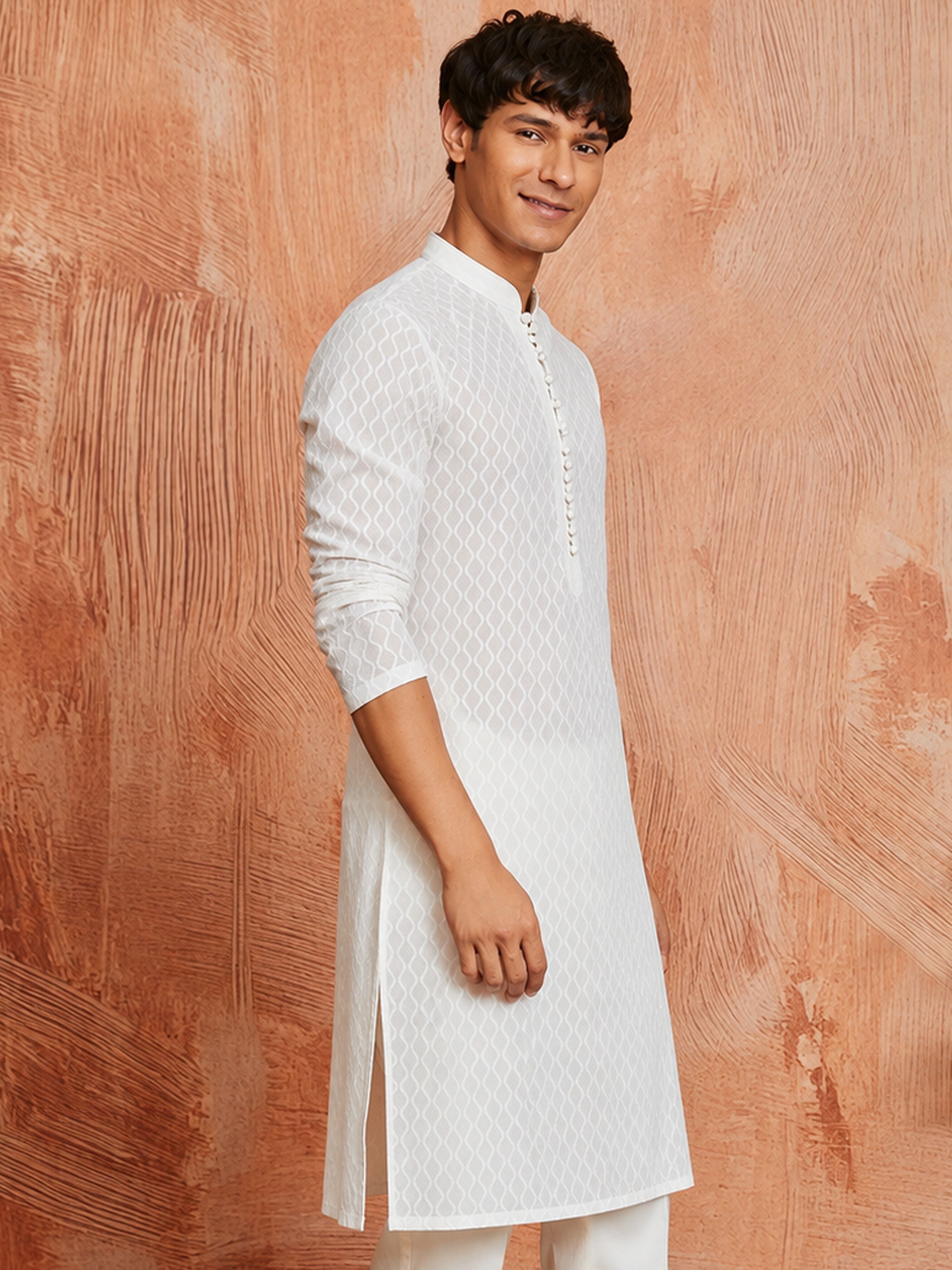 Men's White Pure-Cotton Self Design Knee Length Kurta