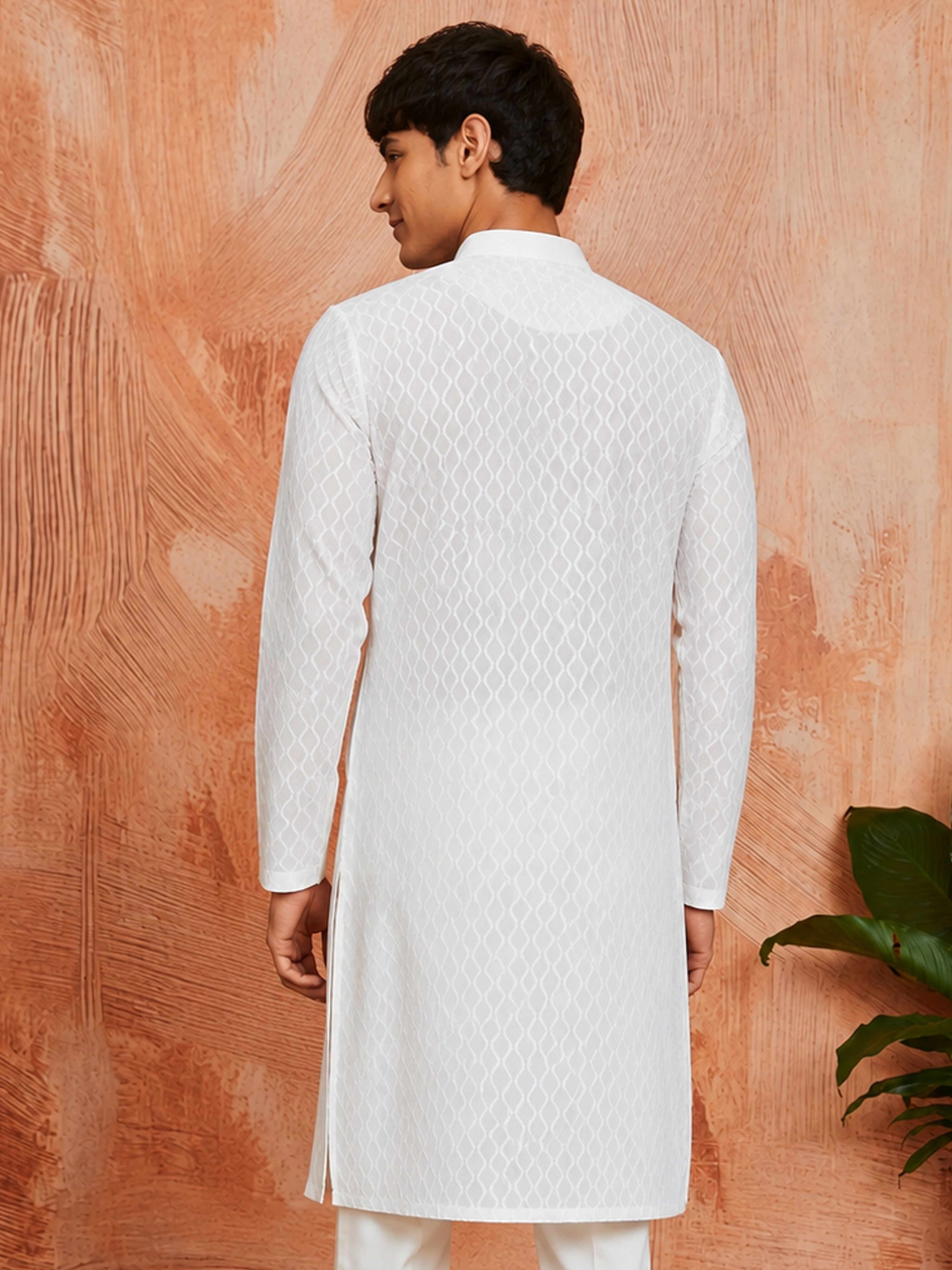 Men's White Pure-Cotton Self Design Knee Length Kurta