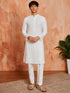 Men's White Pure-Cotton Self Design Knee Length Kurta