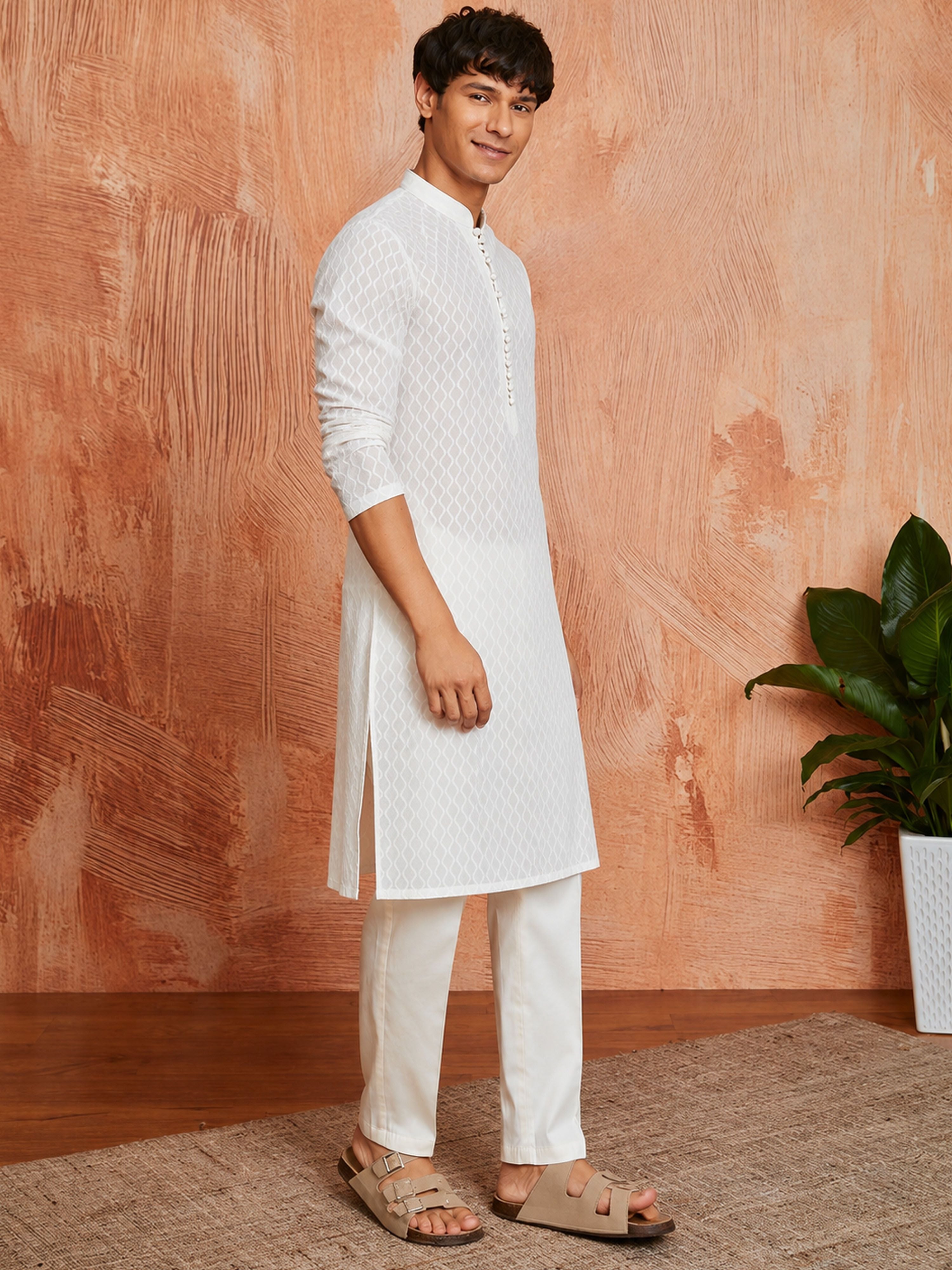 Men's White Pure-Cotton Self Design Knee Length Kurta