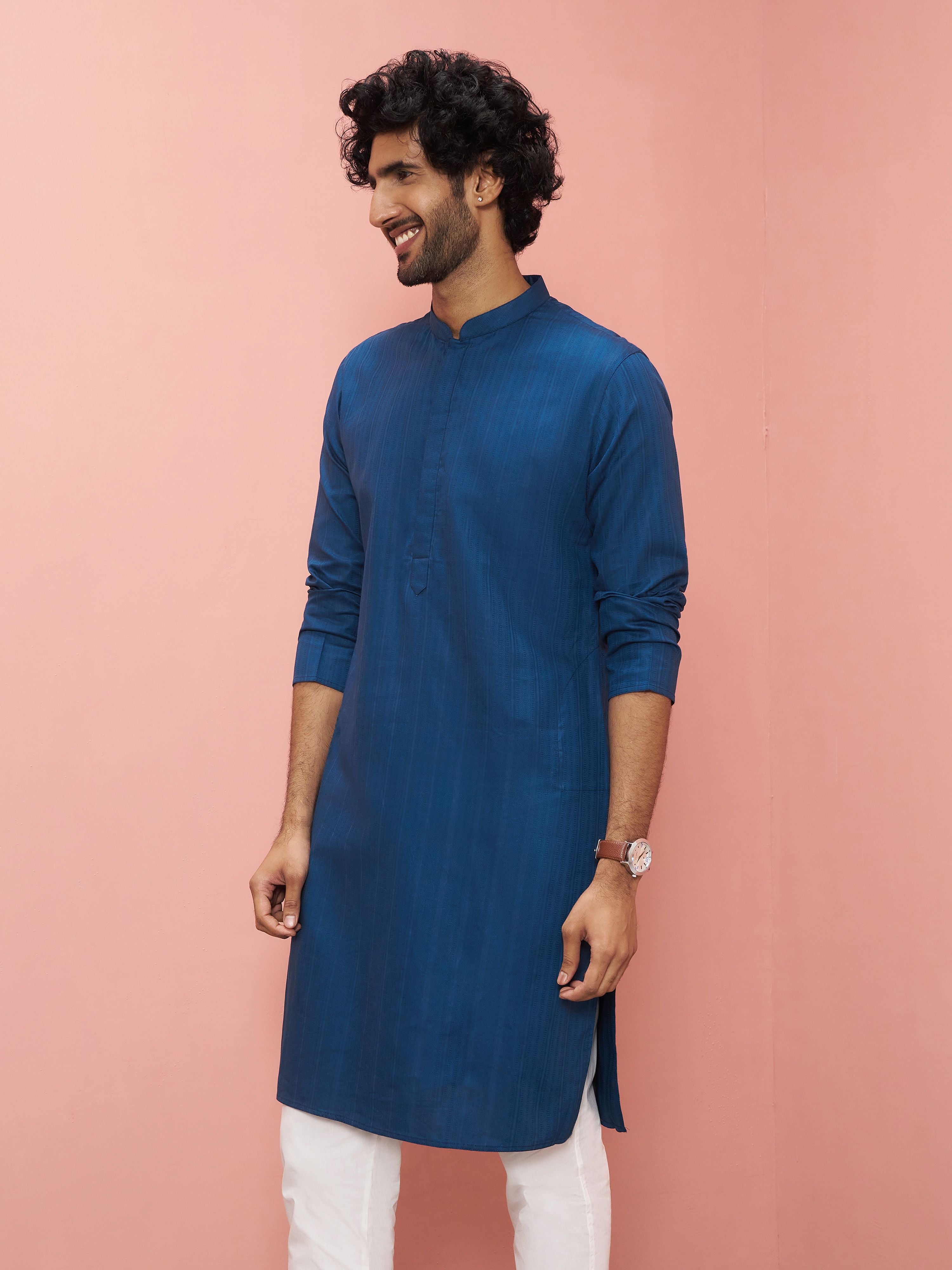 Men's Blue Cotton Self Design Knee Length Kurta