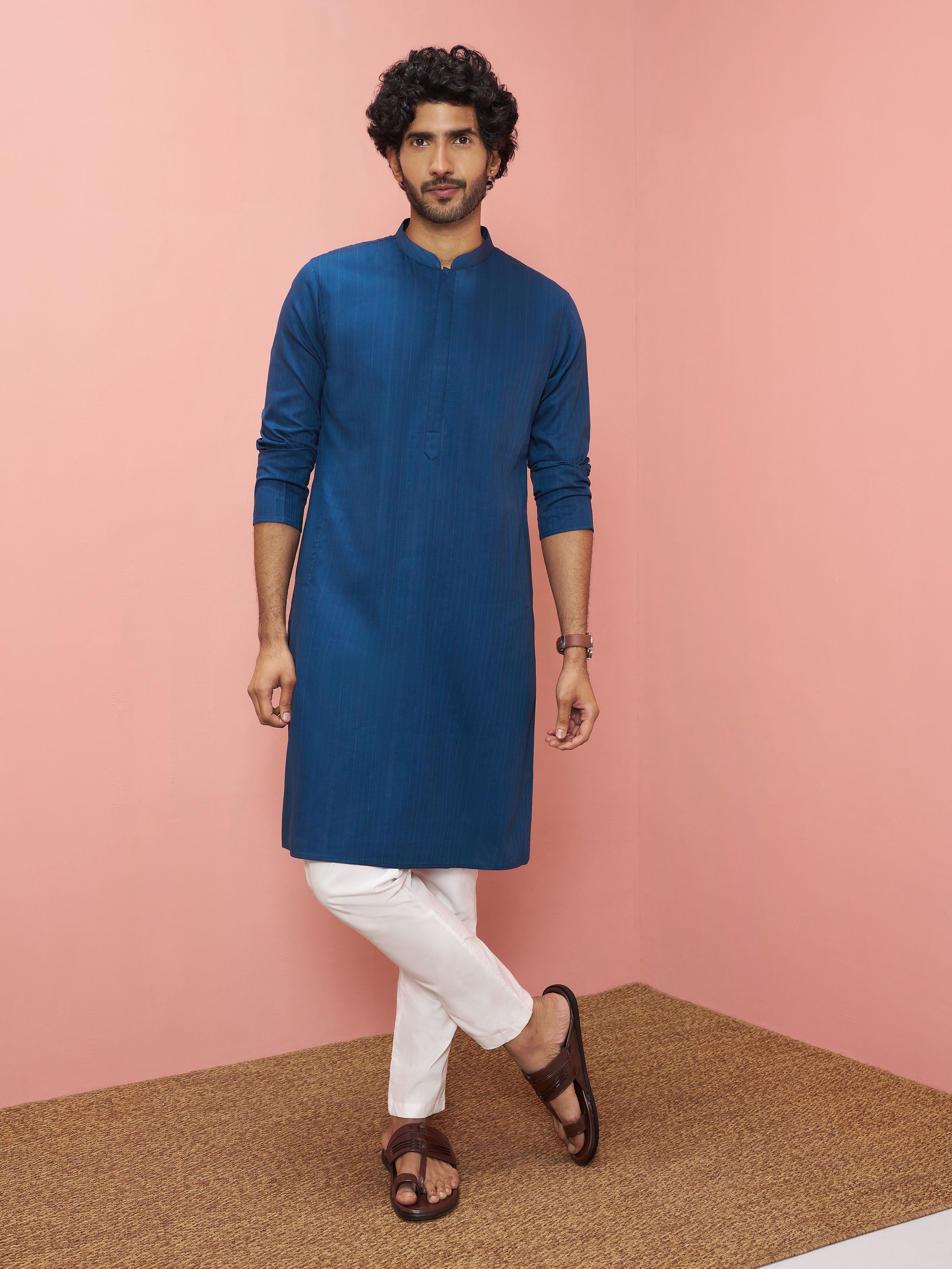 Men's Blue Cotton Self Design Knee Length Kurta with Pyjama