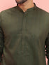 Men's Olive Cotton Self Design Knee Length Kurta