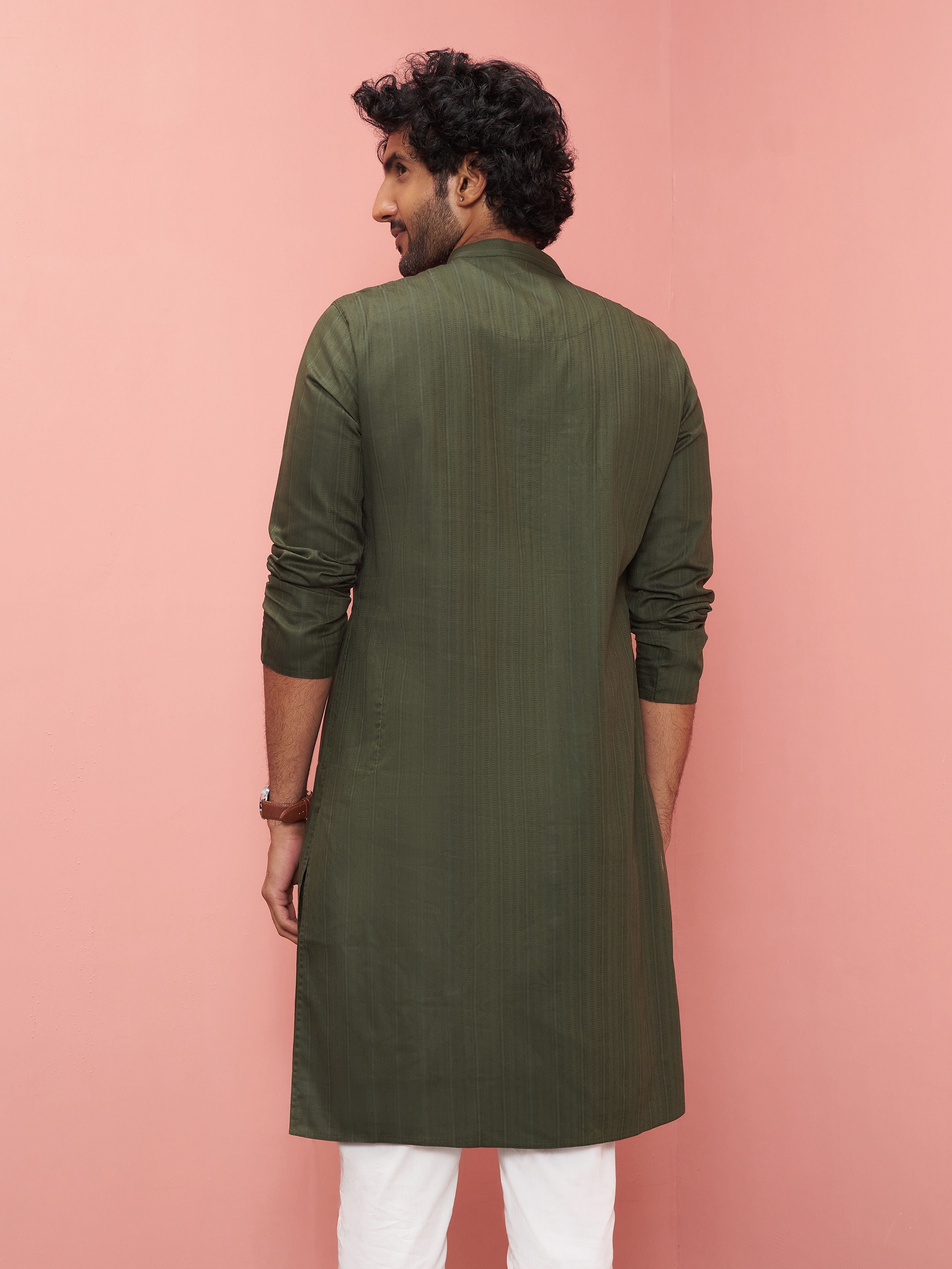 Men's Olive Cotton Self Design Knee Length Kurta