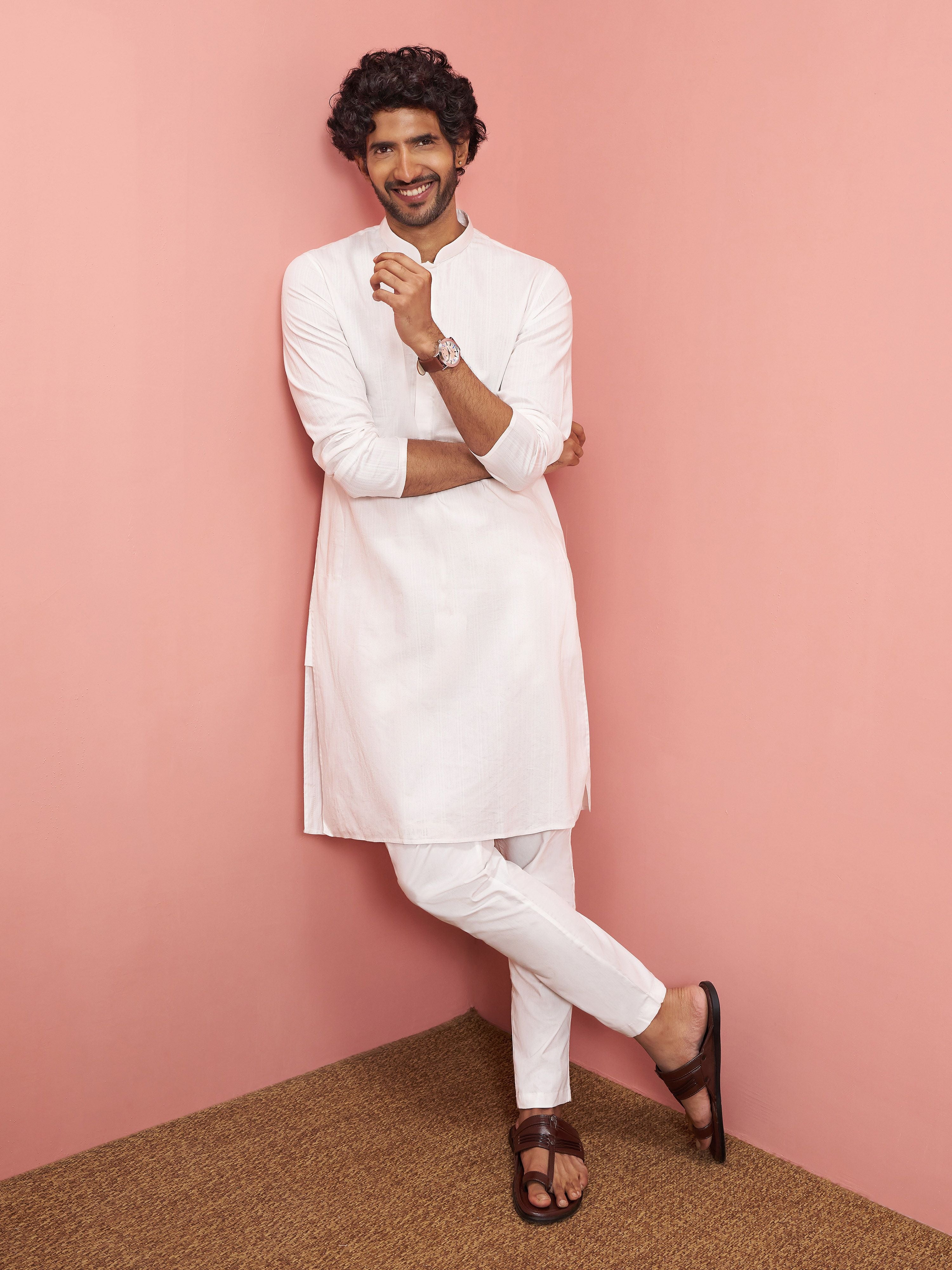 Men White Cotton Kurta with Pyjama Festive, Diwali Ethnic Wear