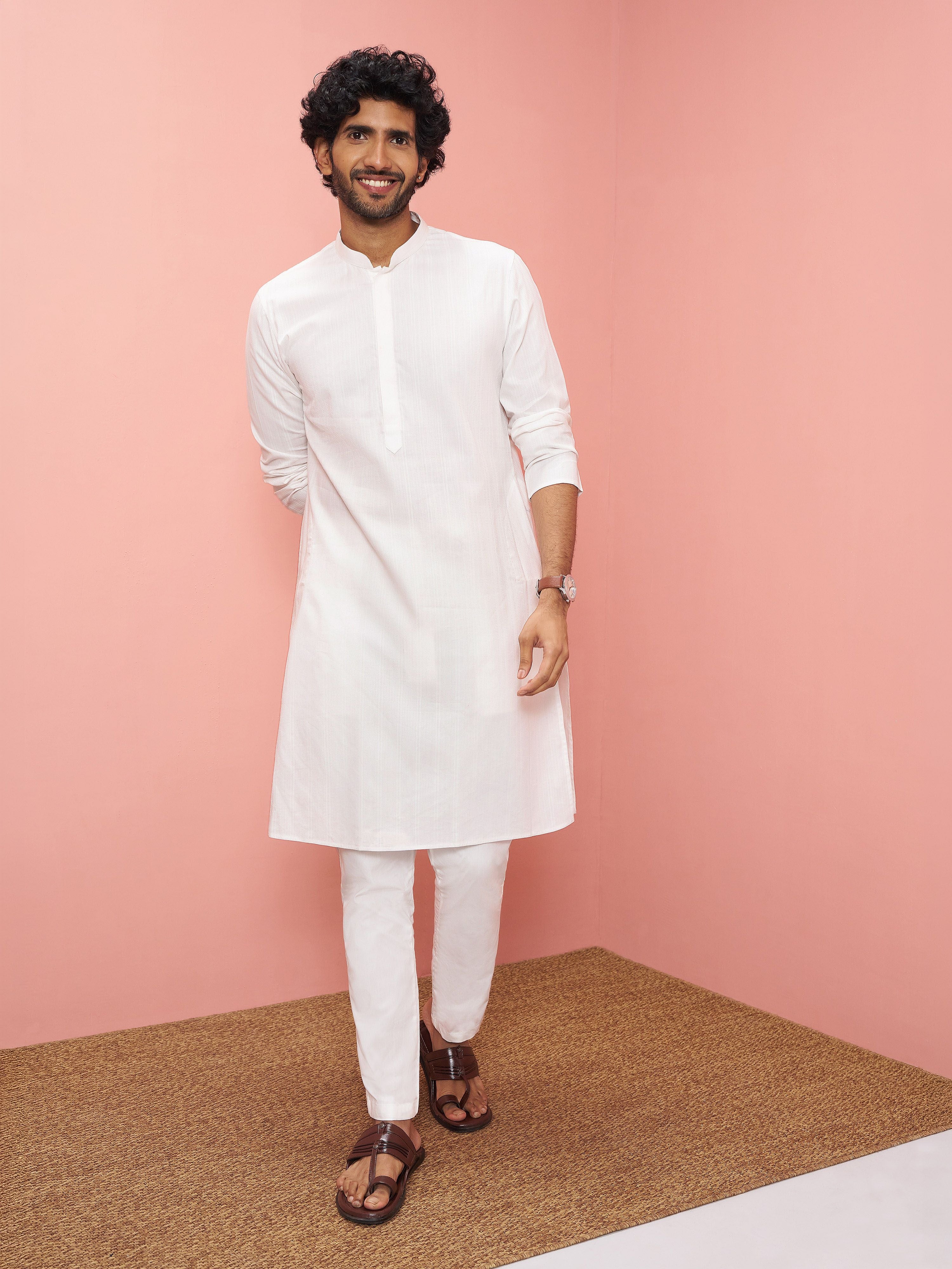 Men's White Cotton Self Design Knee Length Kurta with Pyjama