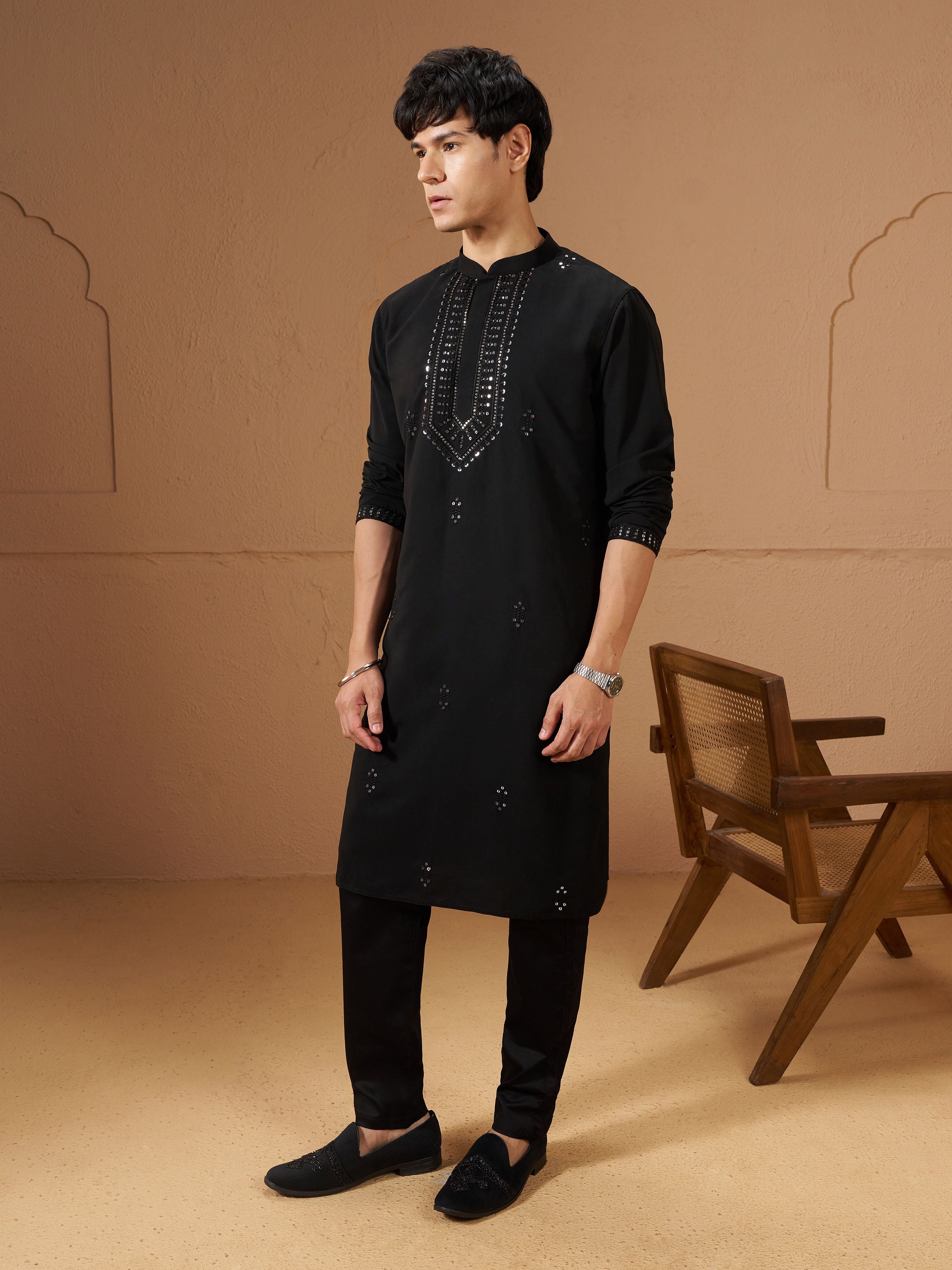 Men's Black Silk Embellished Knee Length Kurta with Trouser