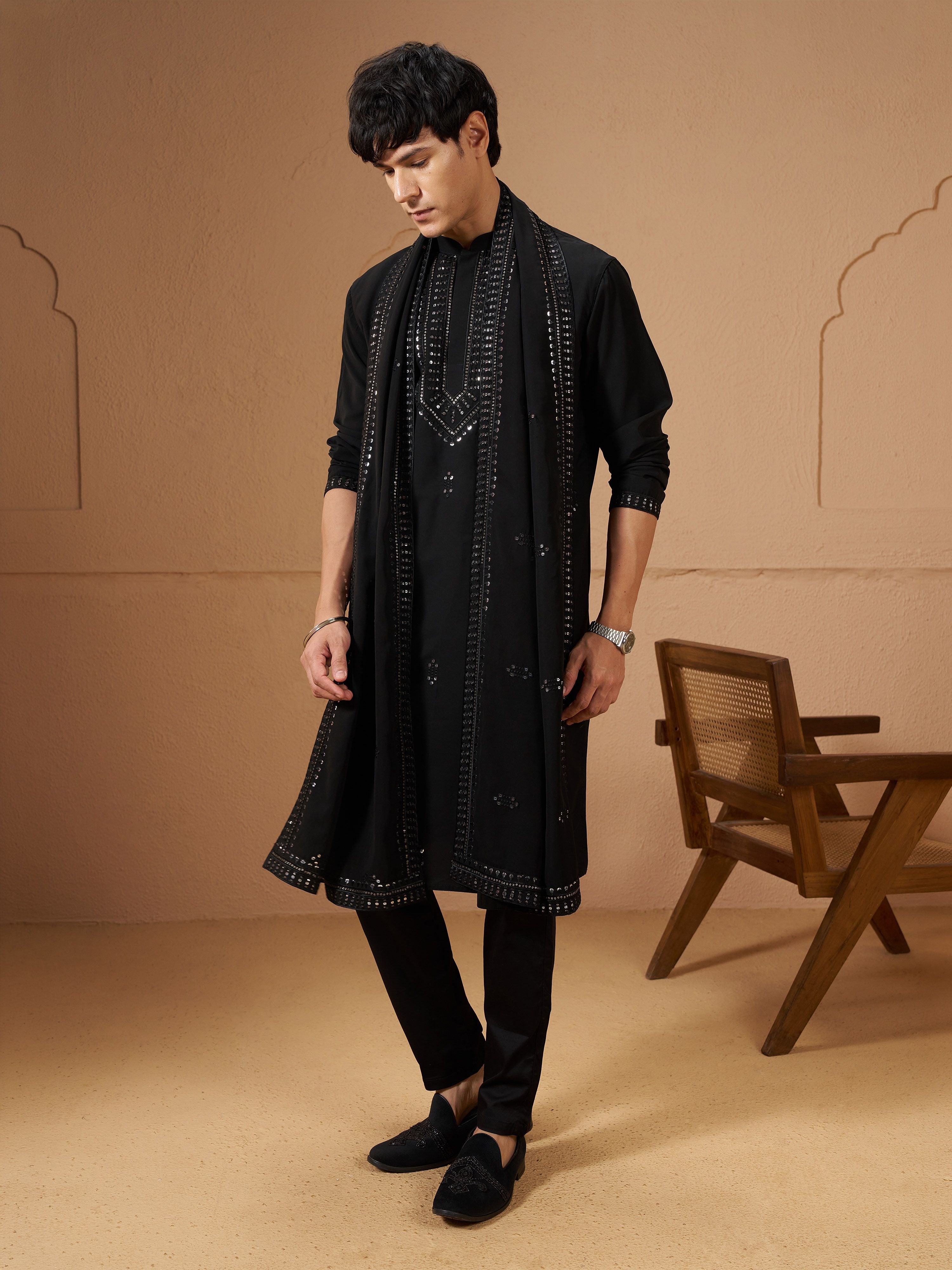 Men's Black Silk Embroidered Knee Length Kurta and Trouser with Embroidered Dupatta