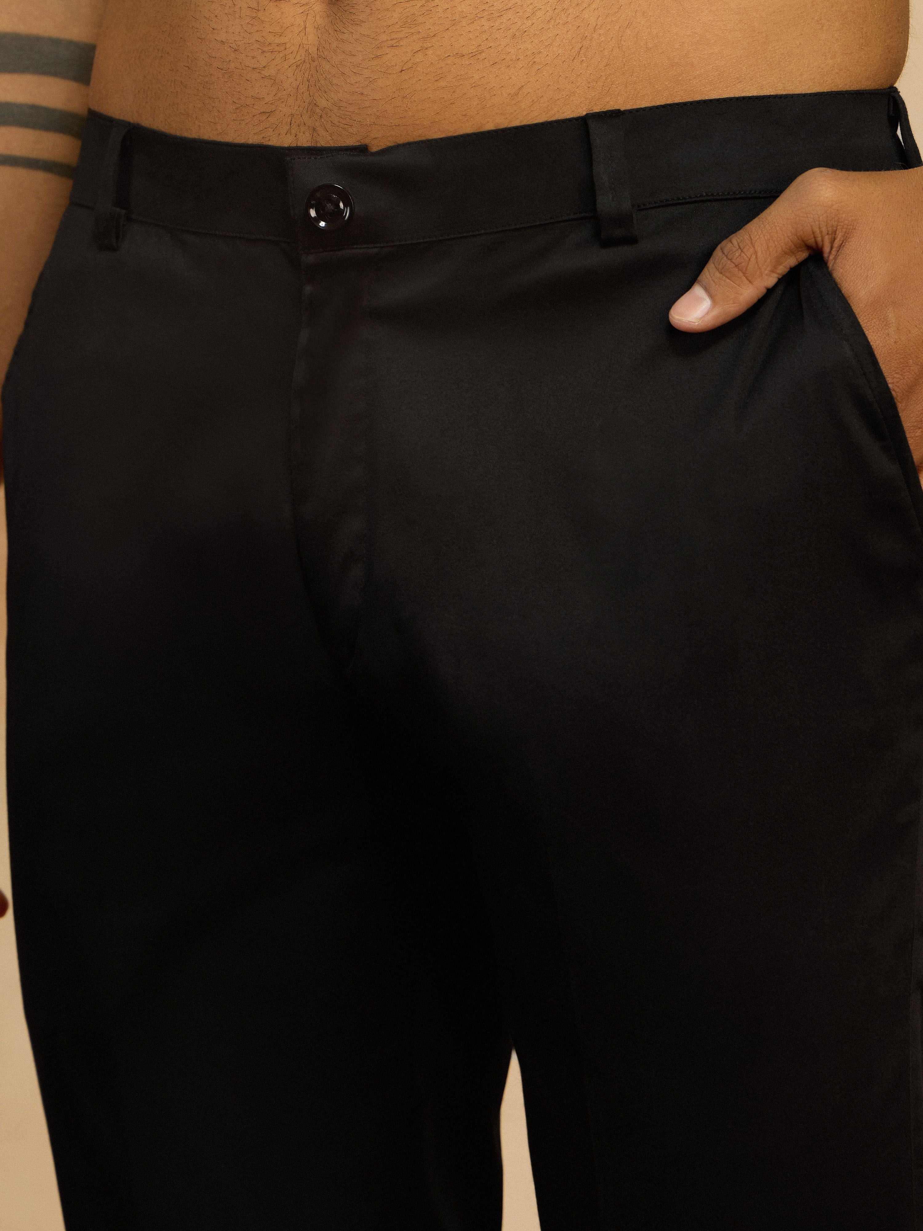 Men's Black Silk Embroidered Knee Length Kurta and Trouser with Embroidered Dupatta