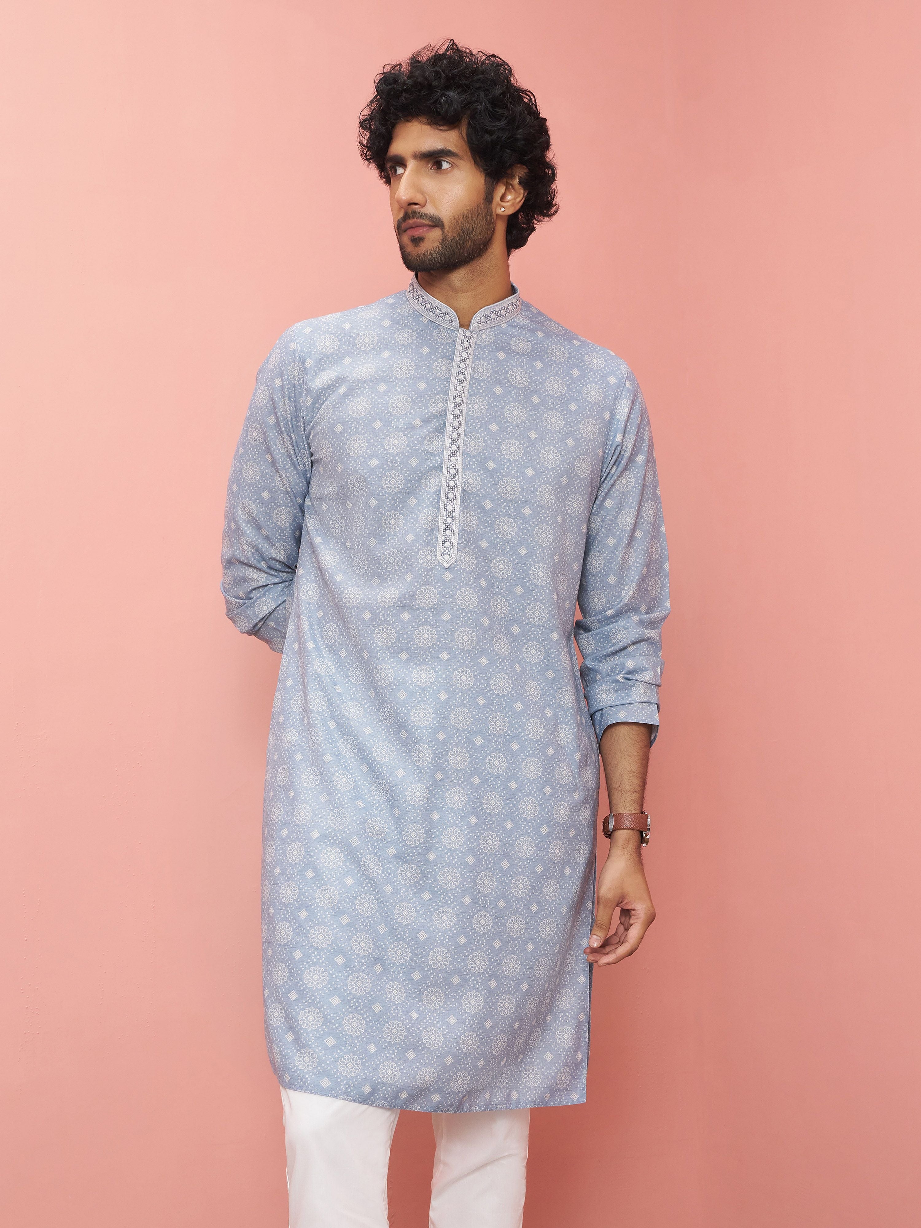 Men Grey Cotton Linen Kurta Festive, Diwali Ethnic Wear