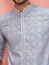 Men's Grey Cotton-Linen Digital Print Knee Length Kurta with Pyjama