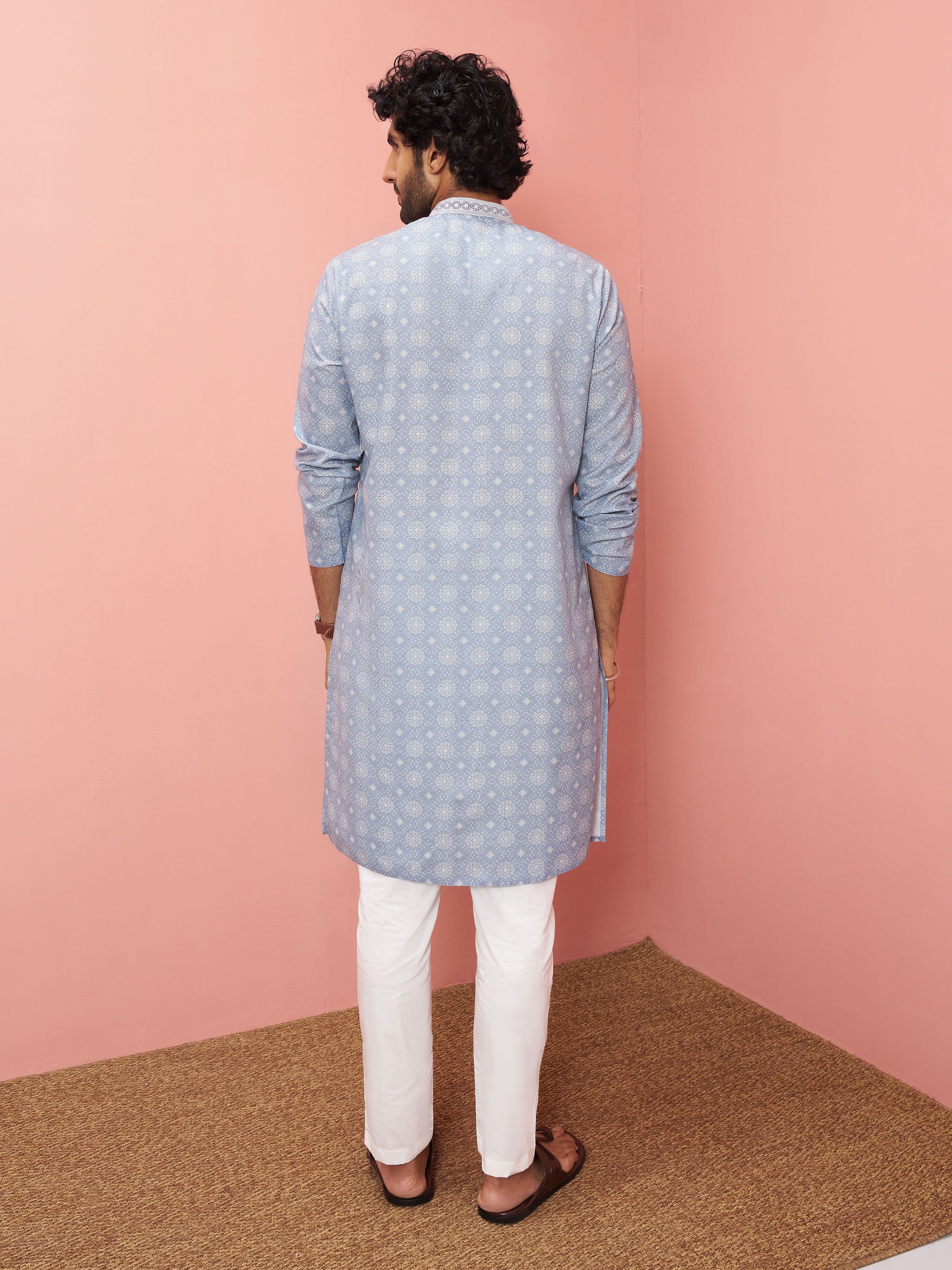 Men's Grey Cotton-Linen Digital Print Knee Length Kurta with Pyjama