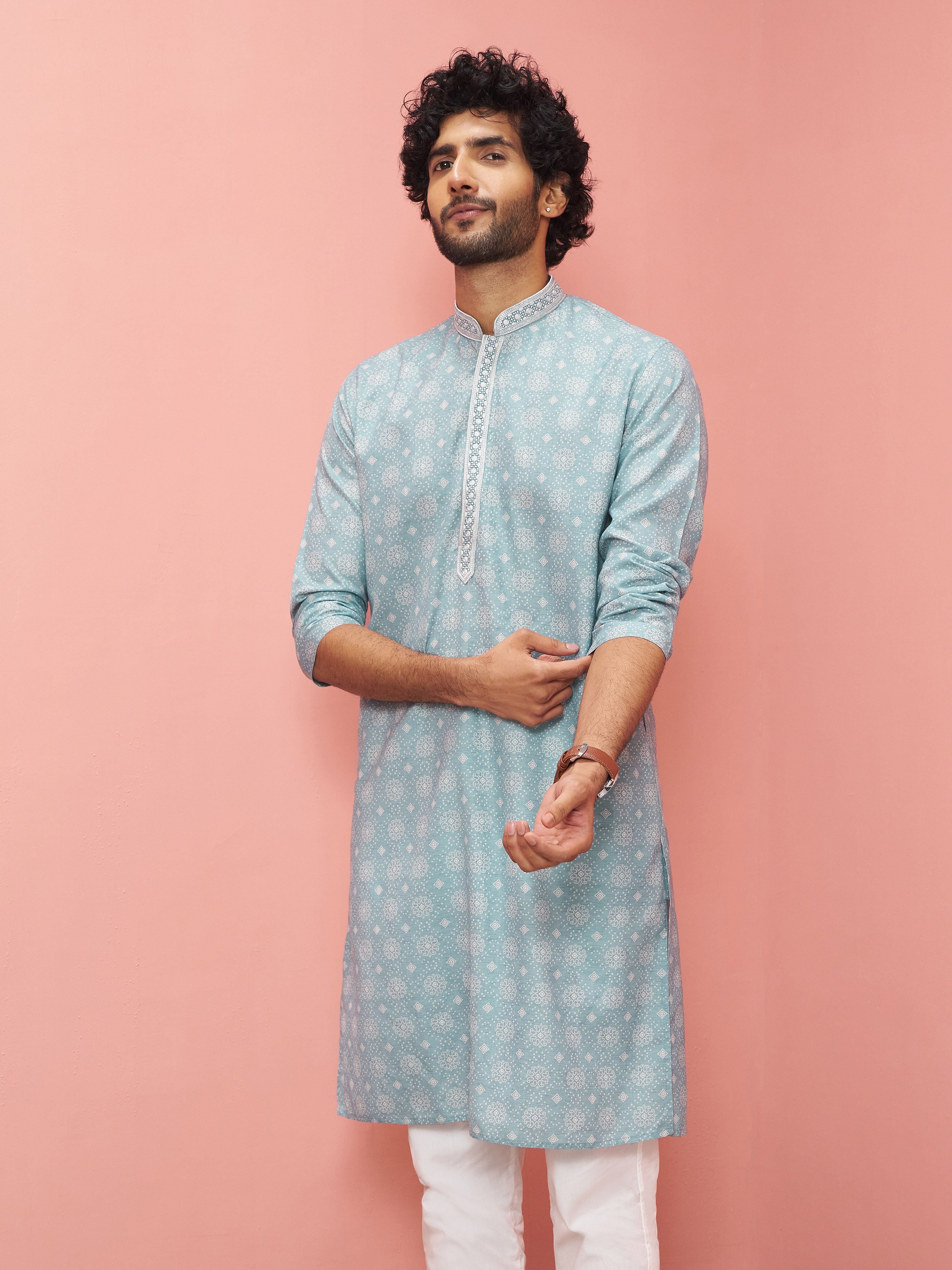 Men's Sage Cotton-Linen Digital Print Knee Length Kurta