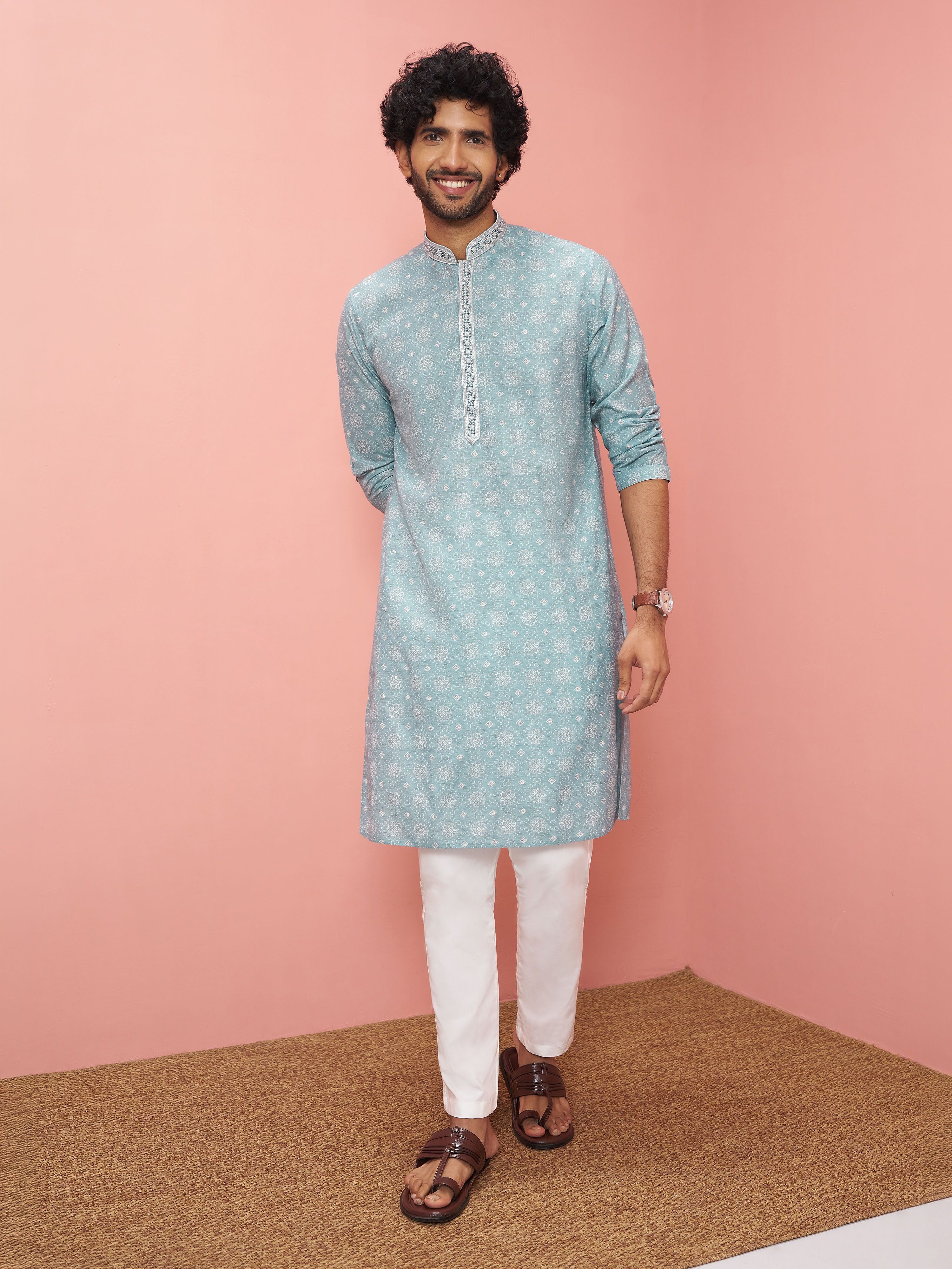 Men's Sage Cotton-Linen Digital Print Knee Length Kurta with Pyjama