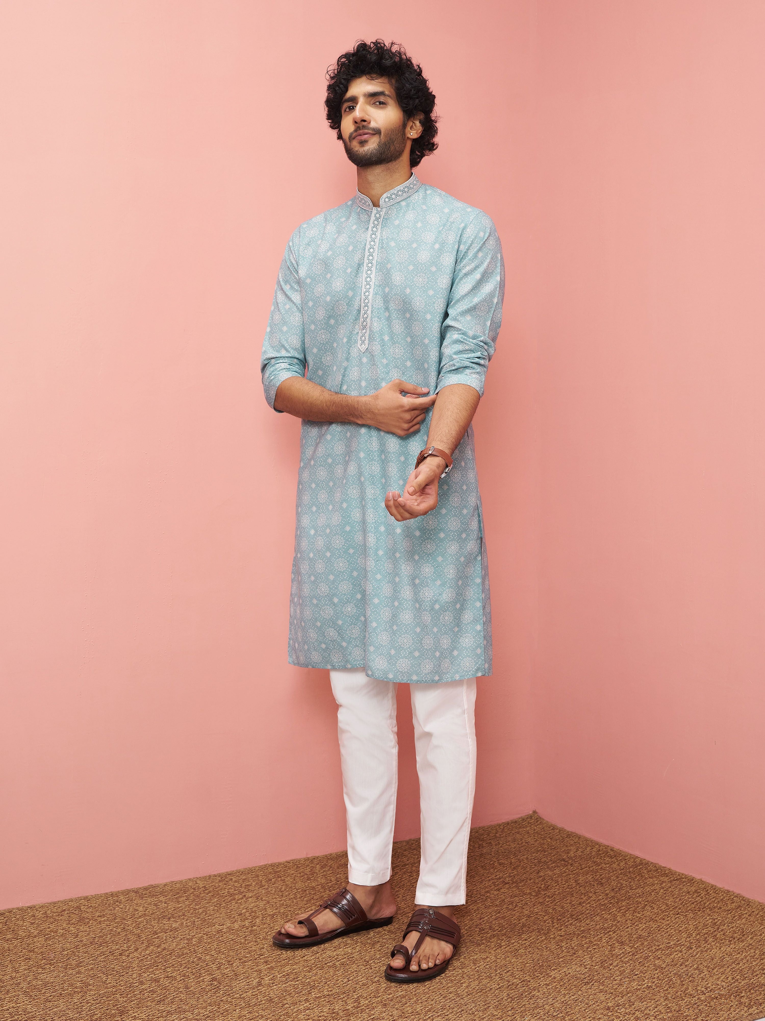 Men's Sage Cotton-Linen Digital Print Knee Length Kurta with Pyjama