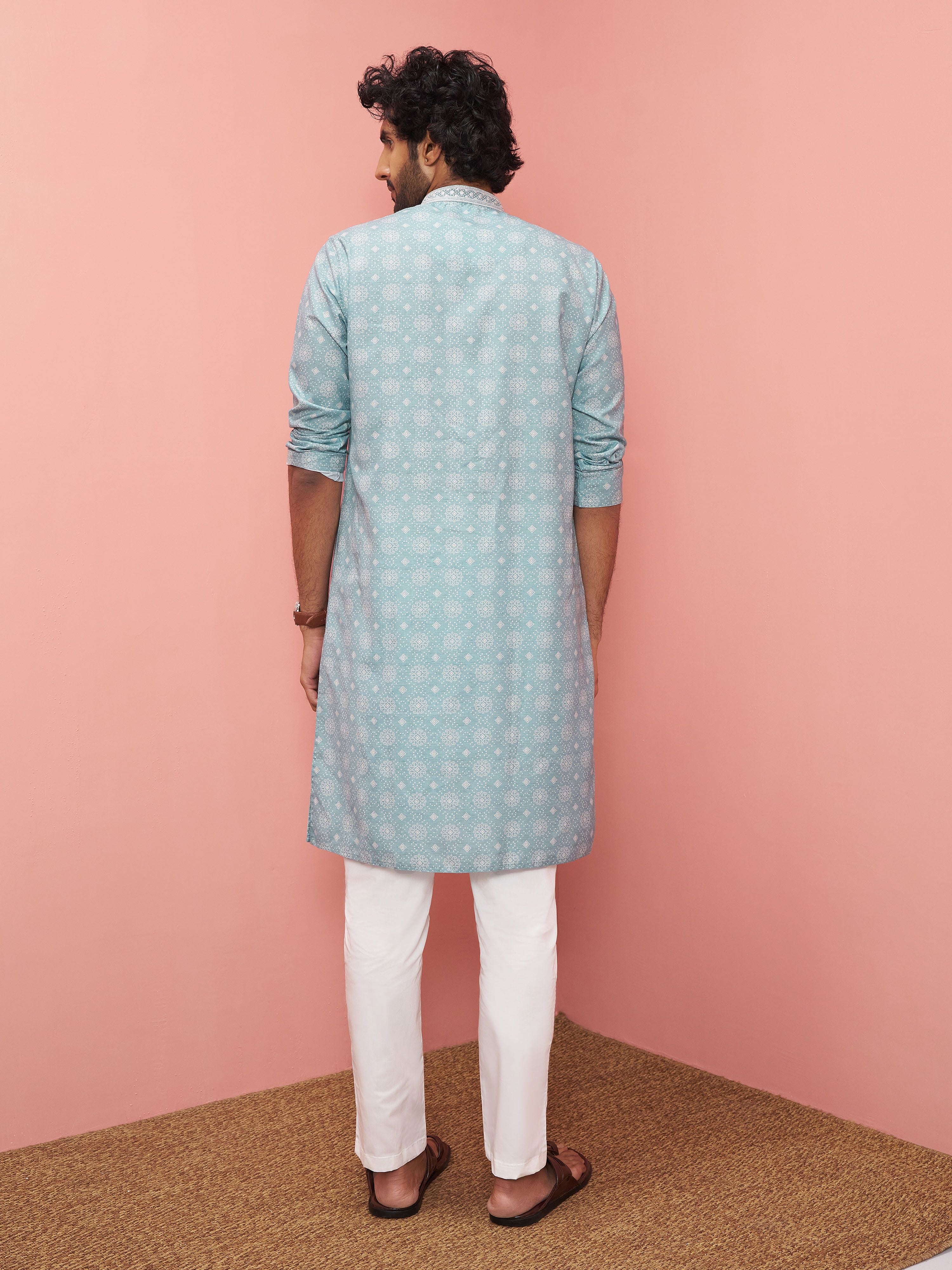 Men's Sage Cotton-Linen Digital Print Knee Length Kurta with Pyjama