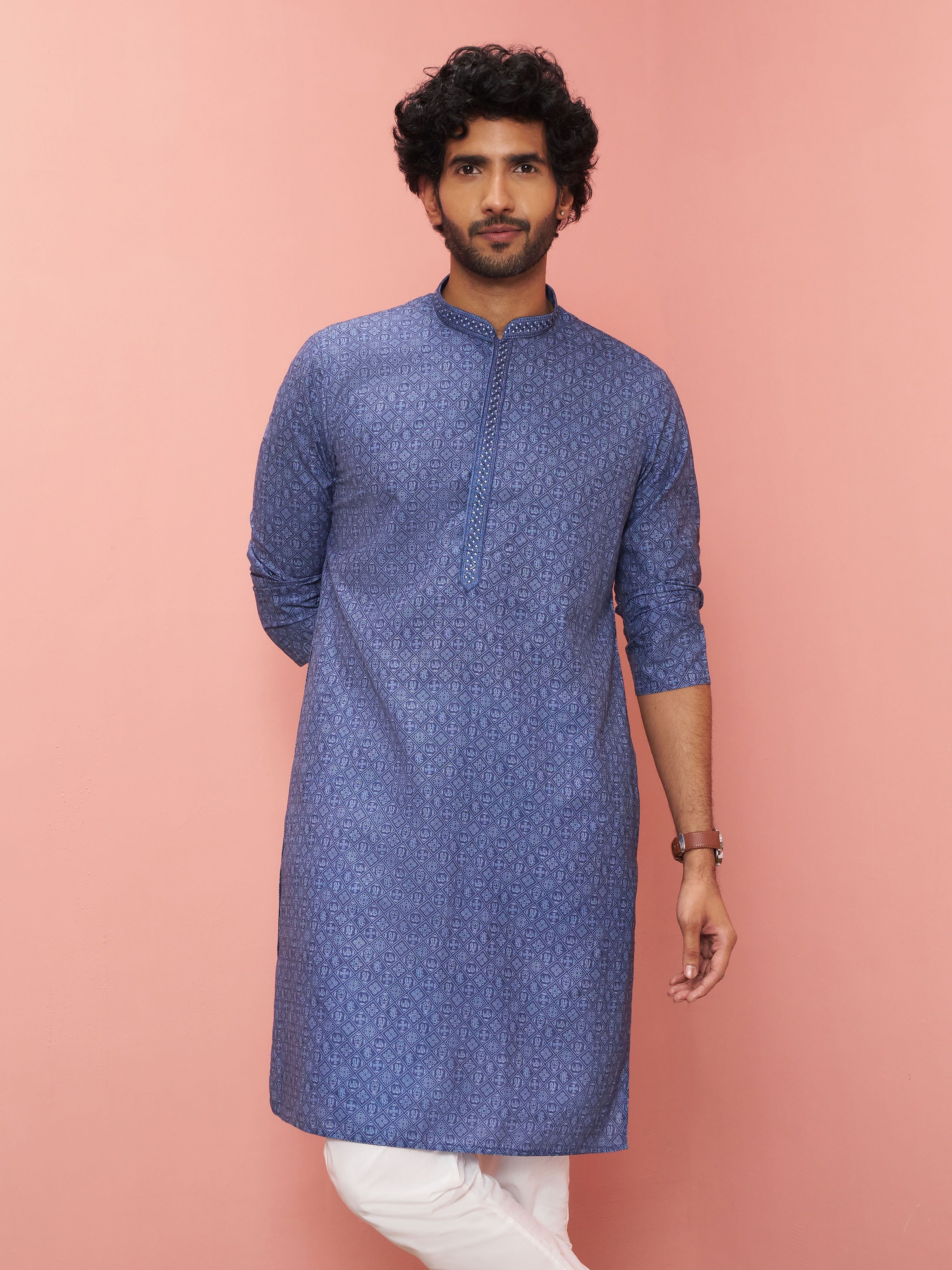 Men Blue Cotton Linen Kurta Festive, Diwali Ethnic Wear