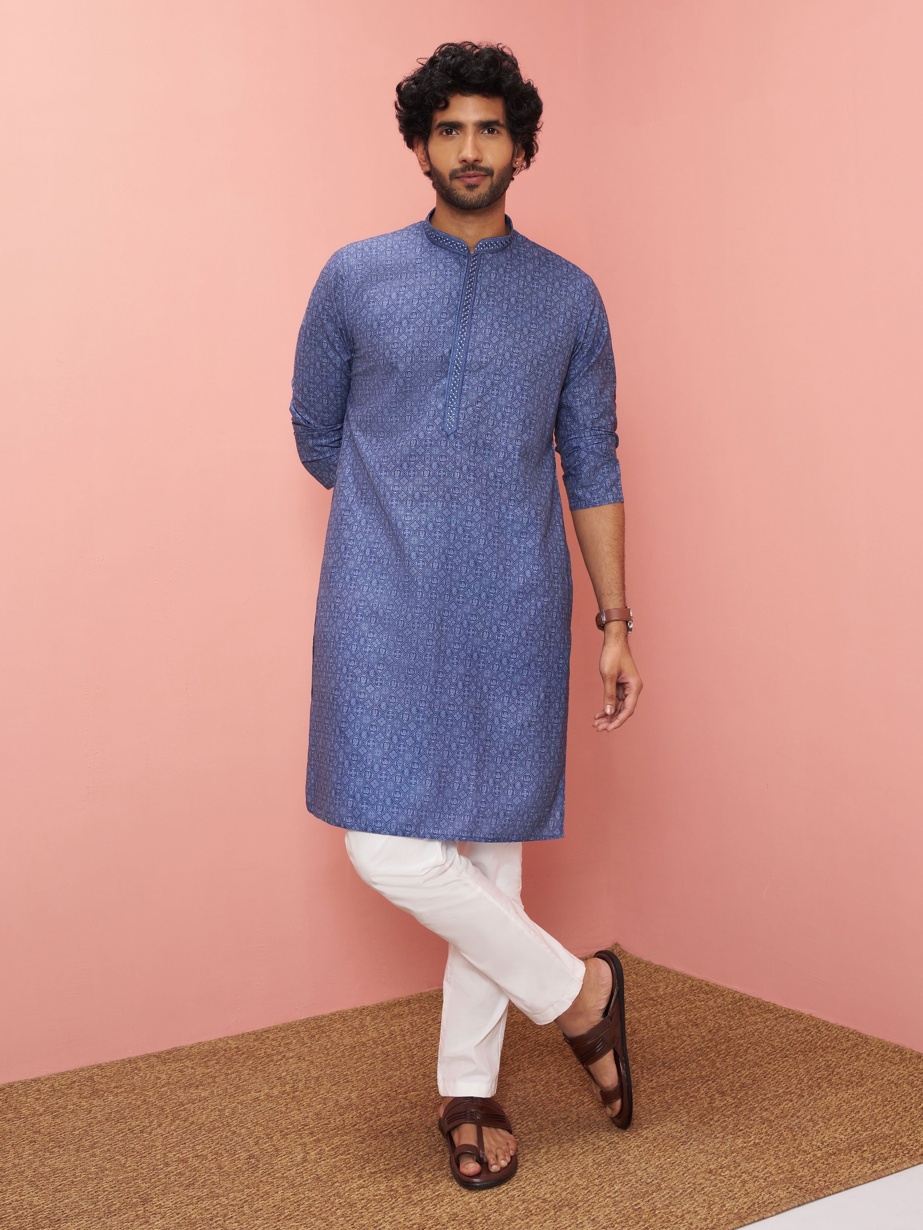 Men's Blue Cotton-Linen Ikkat Knee Length Kurta with Pyjama