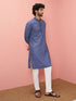 Men's Blue Cotton-Linen Ikkat Knee Length Kurta with Pyjama