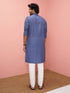 Men's Blue Cotton-Linen Ikkat Knee Length Kurta with Pyjama
