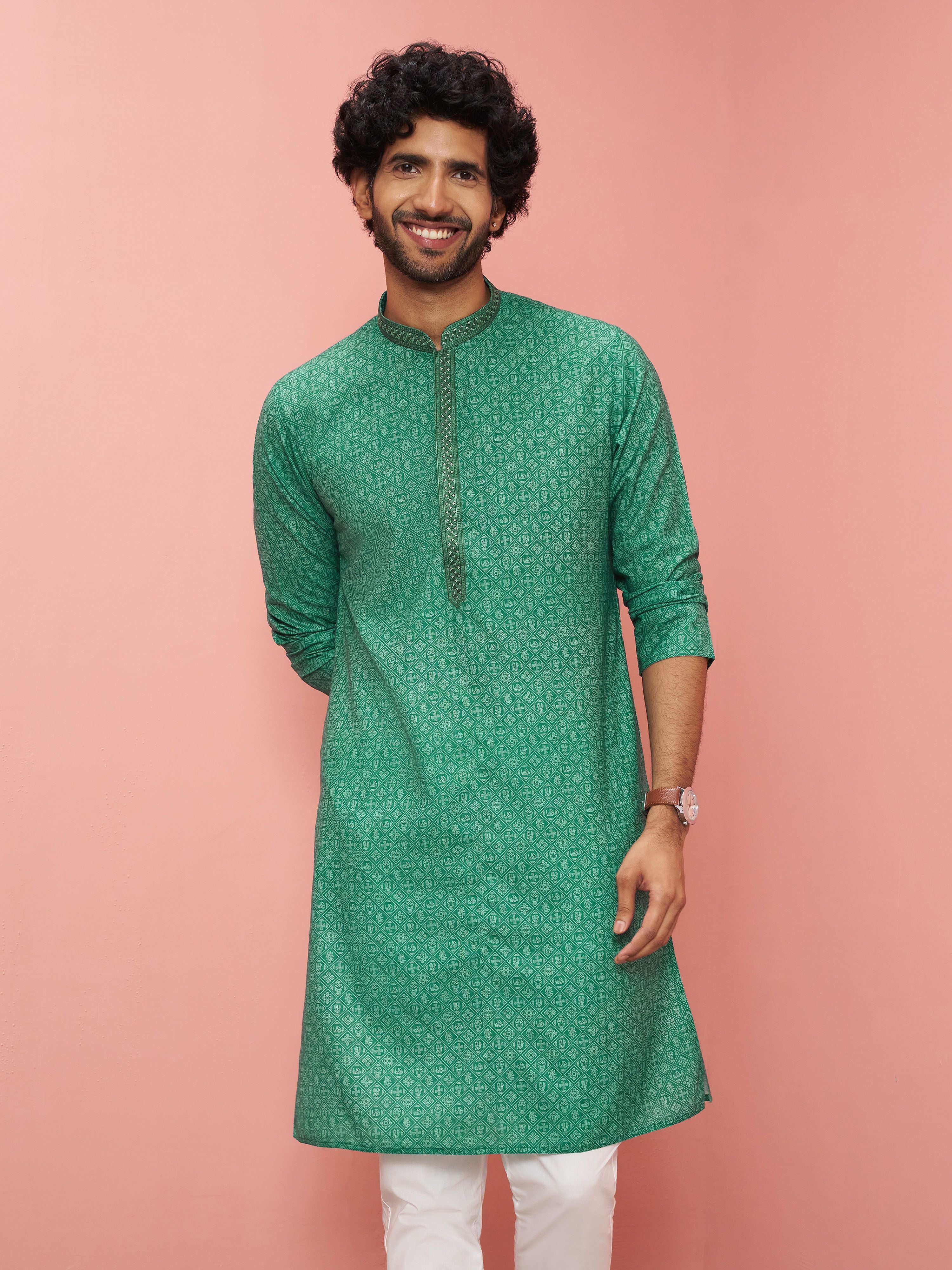 Men Green Cotton Linen Kurta Festive, Diwali Ethnic Wear