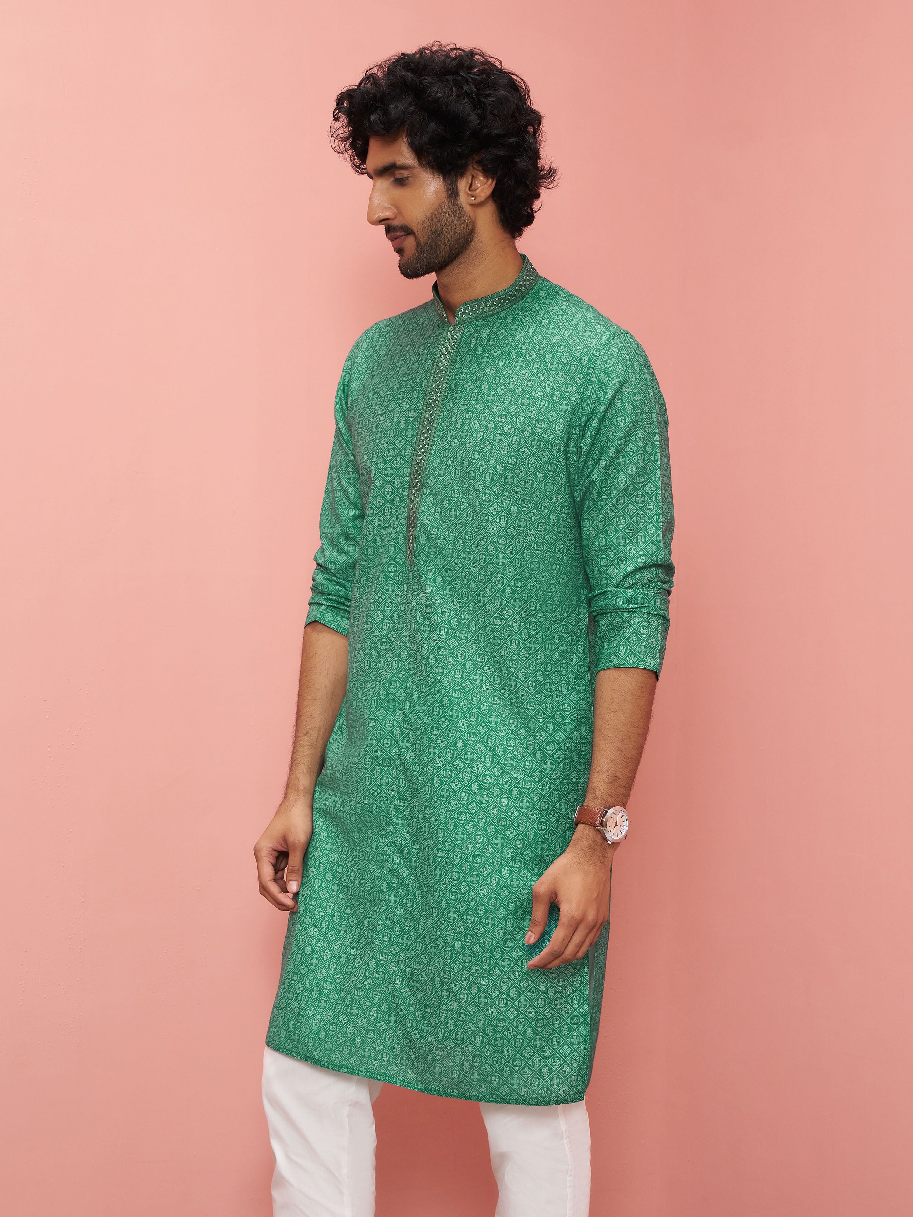 Men's Green Cotton-Linen Embroidered Knee Length Kurta