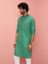 Men's Green Cotton-Linen Embroidered Knee Length Kurta