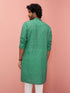 Men's Green Cotton-Linen Embroidered Knee Length Kurta