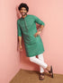 Men's Green Cotton-Linen Embroidered Knee Length Kurta