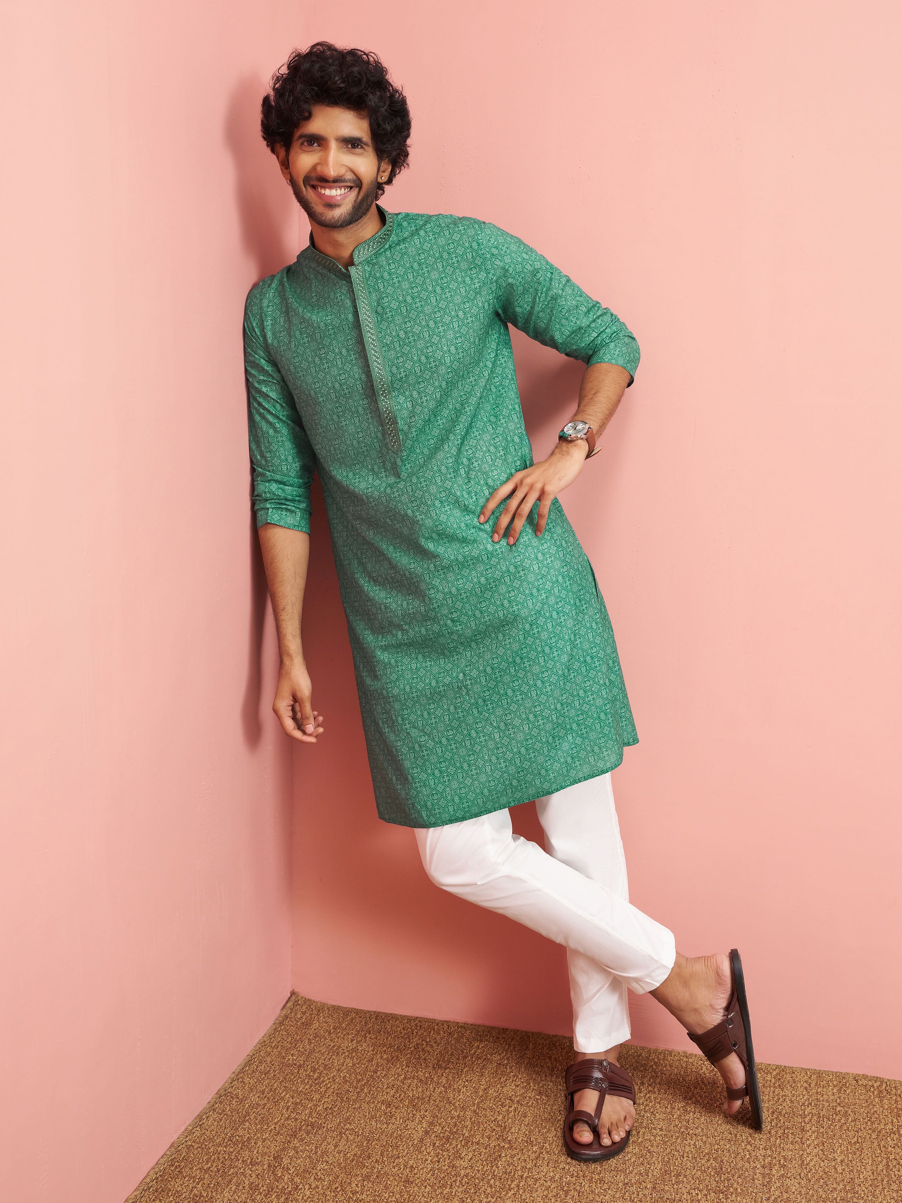 Men Green Cotton Linen Kurta with Pyjama Festive, Diwali Ethnic Wear