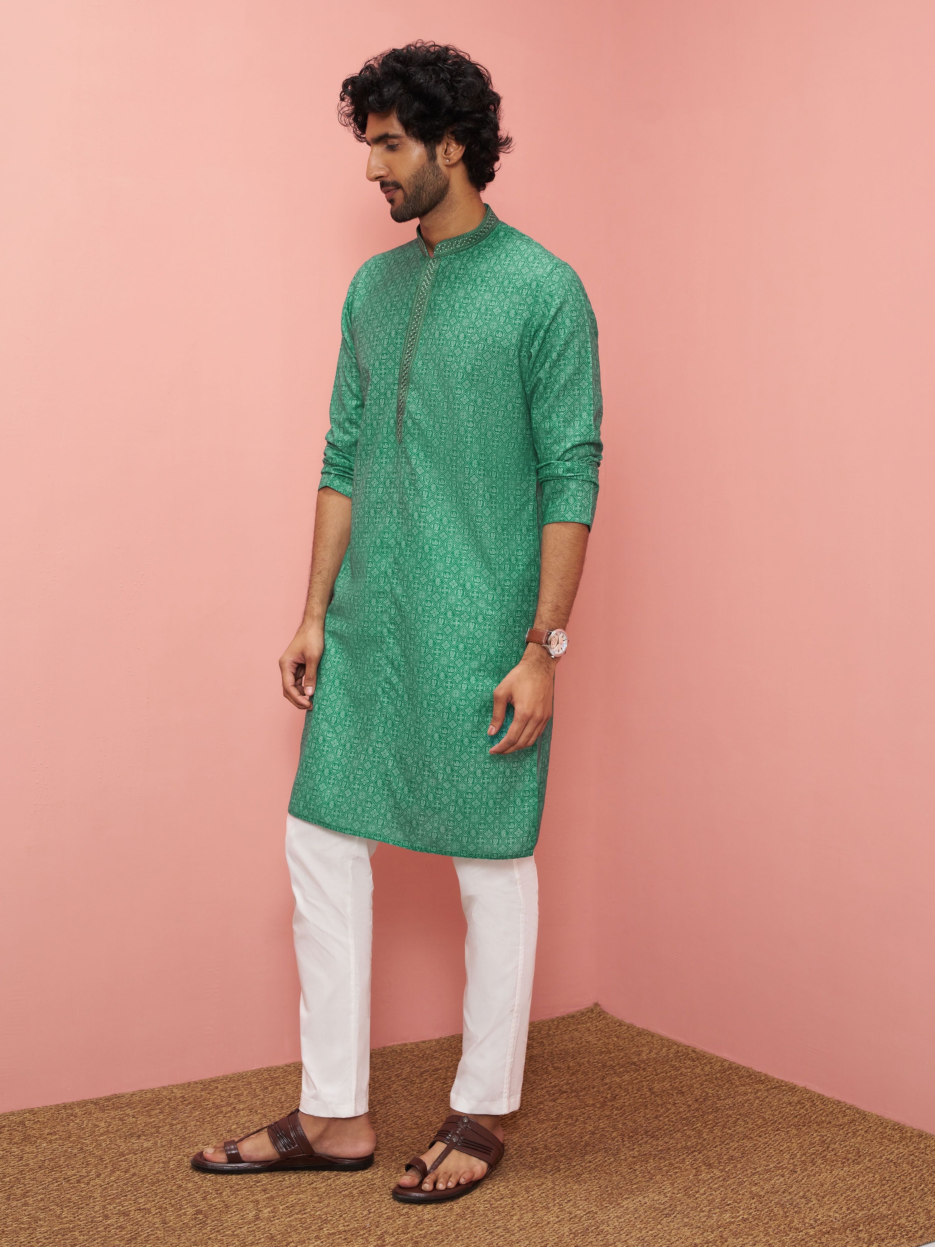 Men's Green Cotton-Linen Ikkat Knee Length Kurta with Pyjama