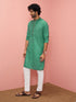 Men's Green Cotton-Linen Ikkat Knee Length Kurta with Pyjama