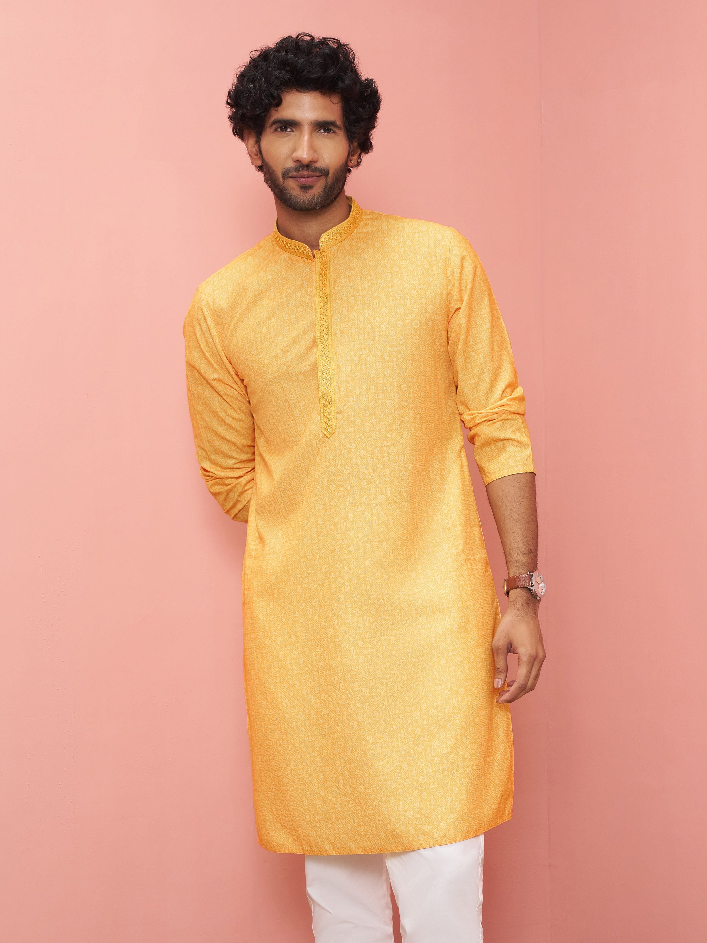 Men Mustard Cotton Linen Kurta Festive, Diwali Ethnic Wear