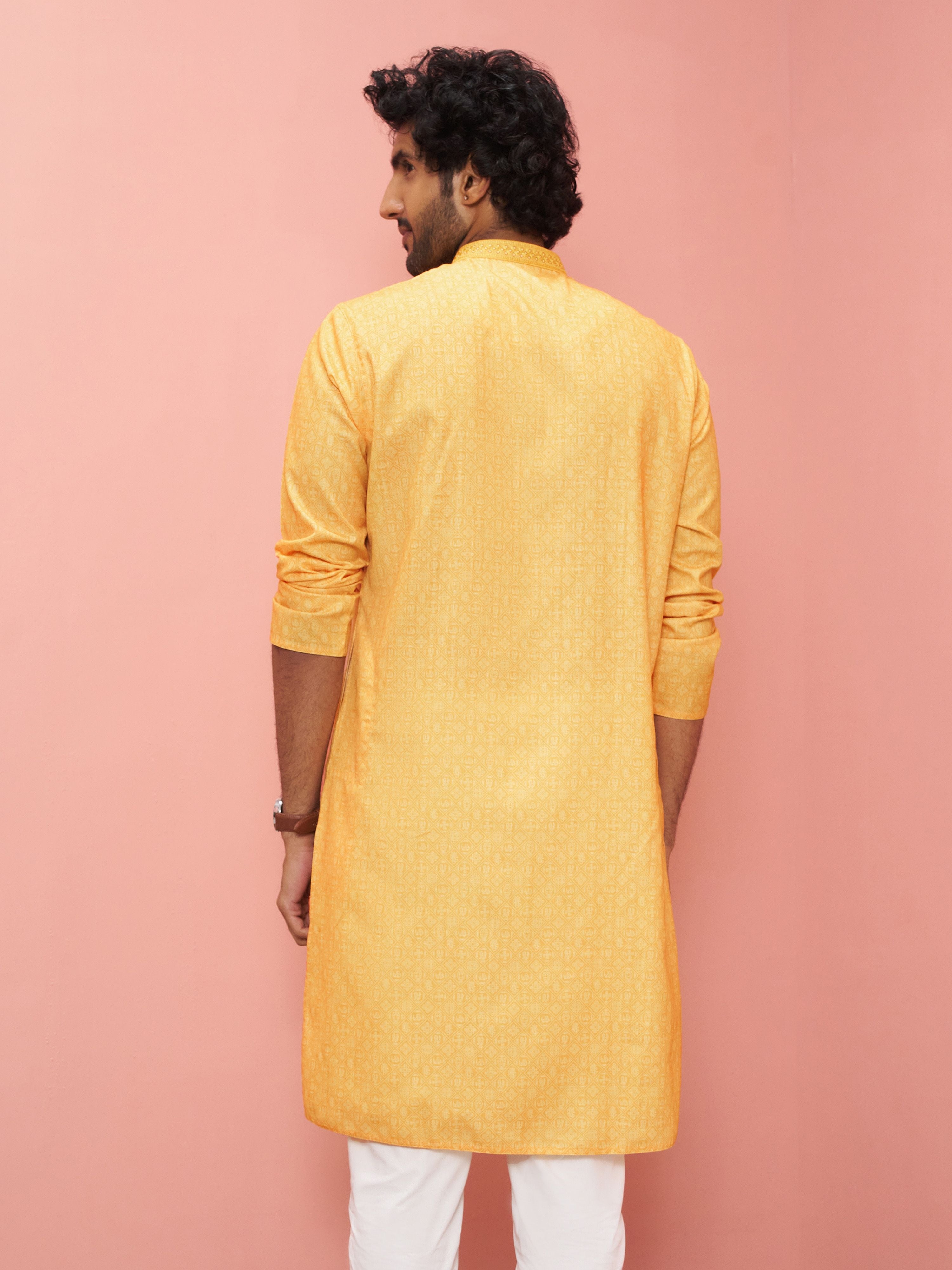 Men's Mustard Cotton-Linen Embroidered Knee Length Kurta