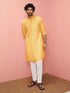 Men's Mustard Cotton-Linen Embroidered Knee Length Kurta with Pyjama