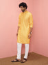 Men's Mustard Cotton-Linen Embroidered Knee Length Kurta with Pyjama