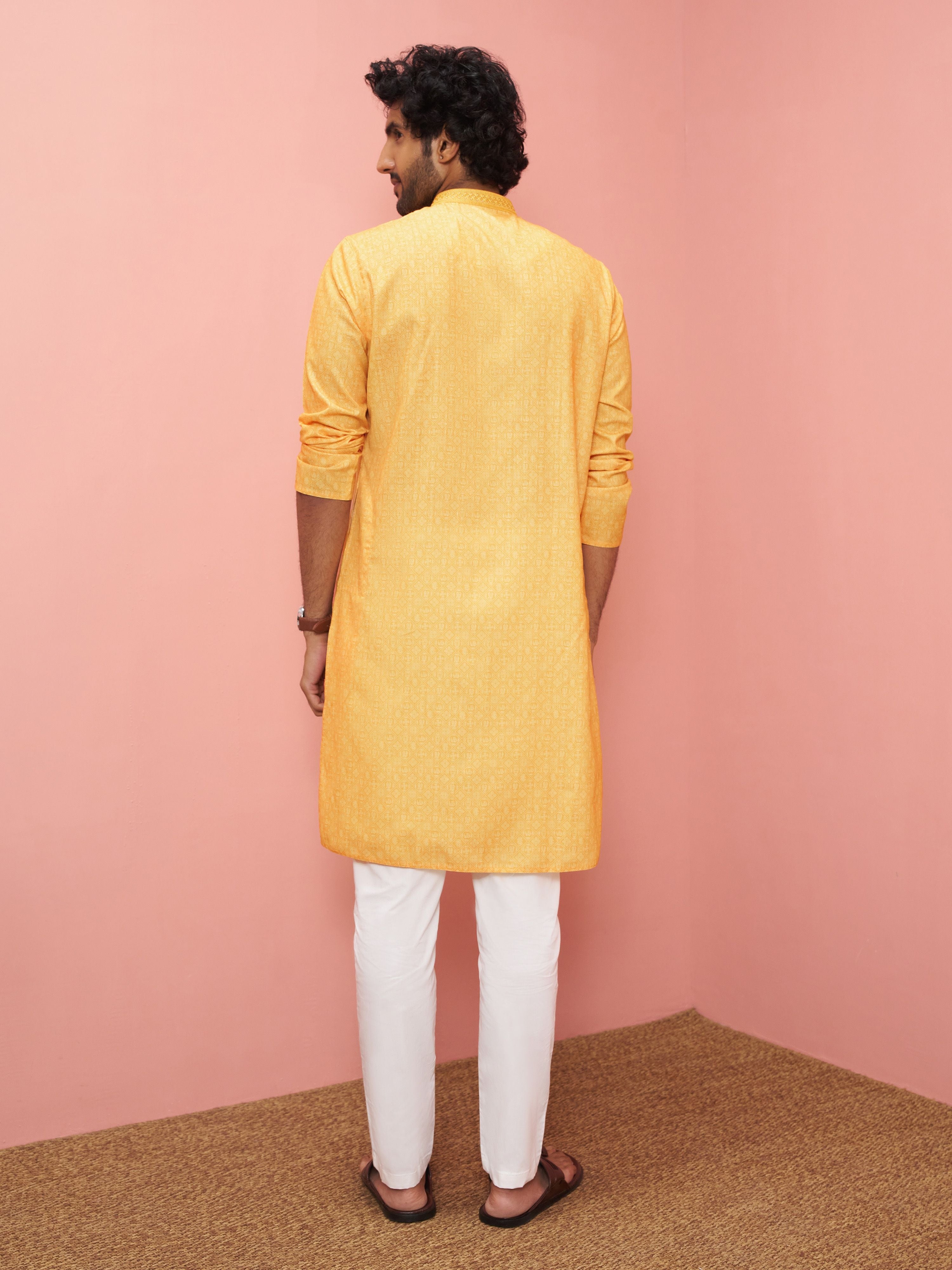 Men's Mustard Cotton-Linen Embroidered Knee Length Kurta with Pyjama