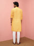 Men's Mustard Cotton-Linen Embroidered Knee Length Kurta with Pyjama