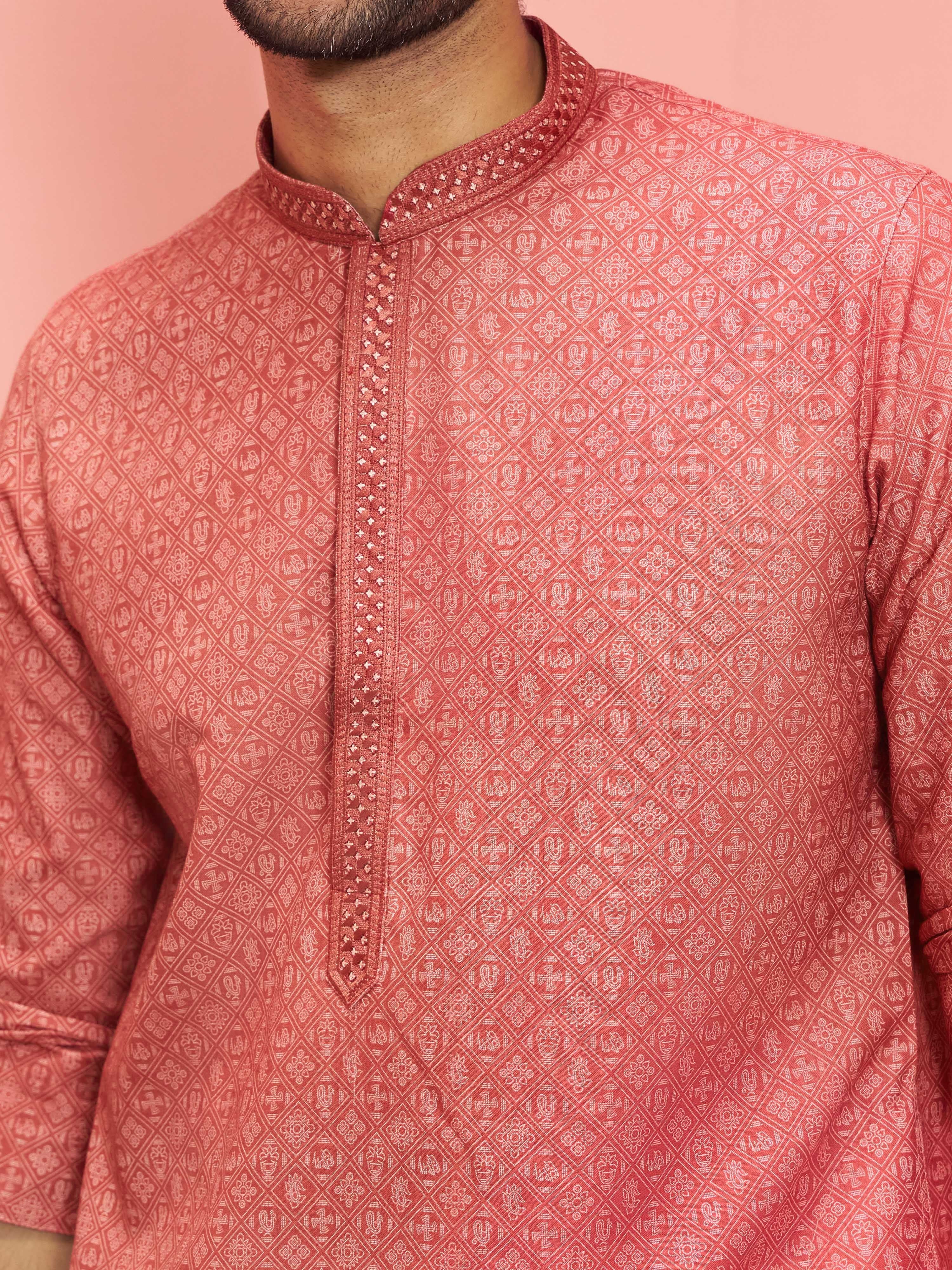 Men's Rust Cotton-Linen Geometric Print Knee Length Kurta