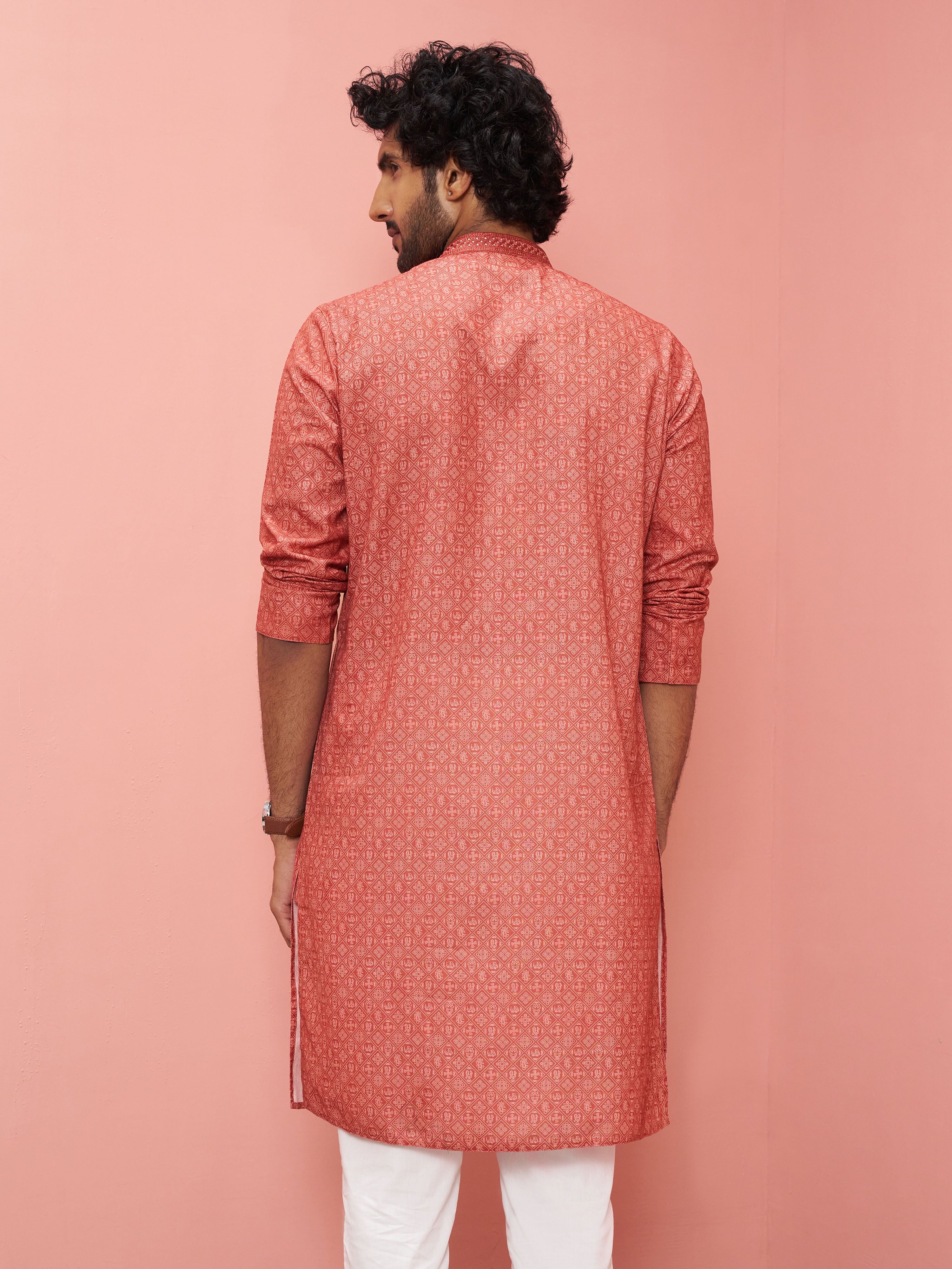 Men's Rust Cotton-Linen Geometric Print Knee Length Kurta