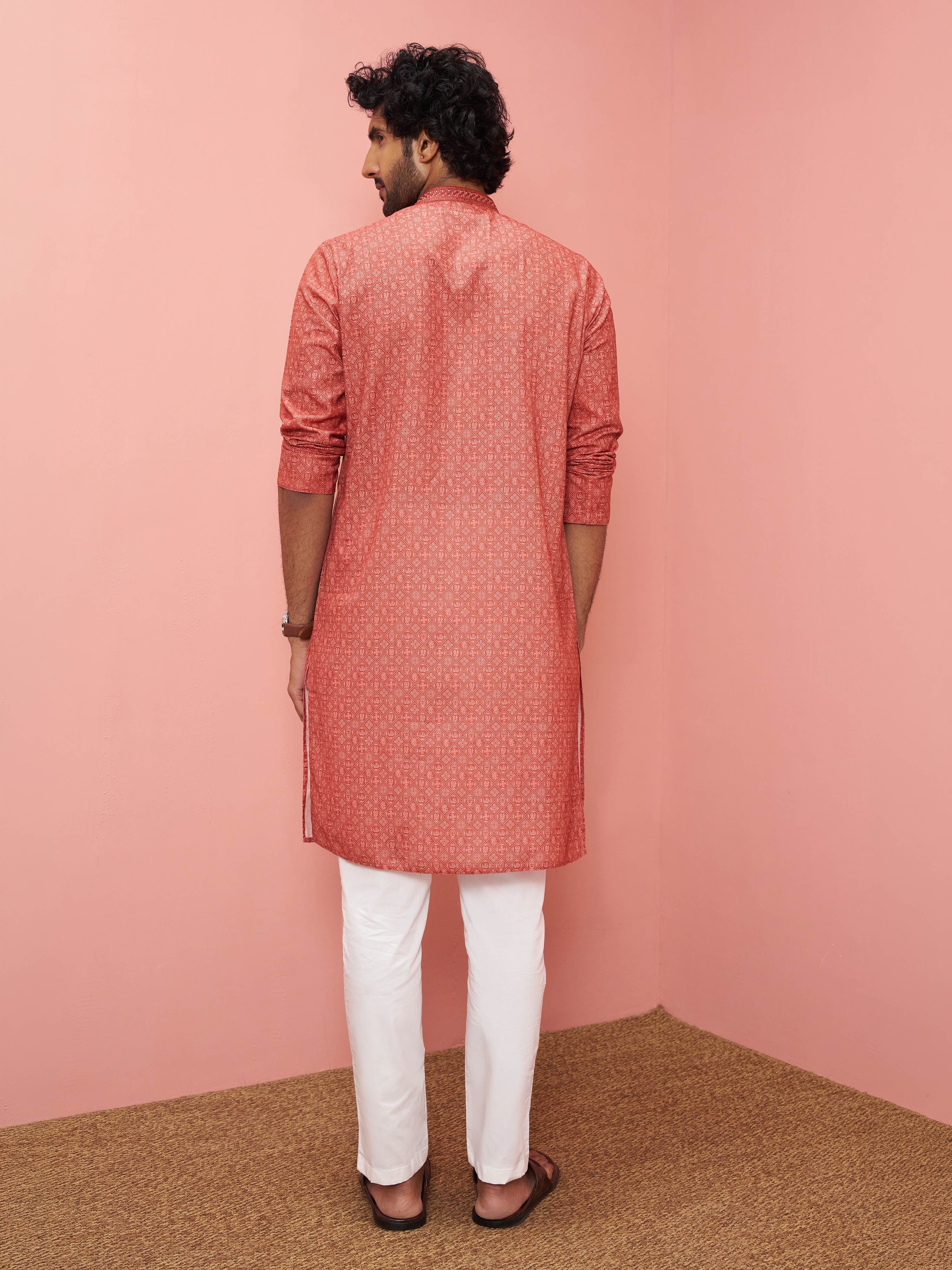 Men's Rust Cotton-Linen Ikkat Knee Length Kurta with Pyjama
