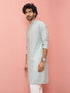 Men's Grey Cotton-Linen Digital Print Knee Length Kurta