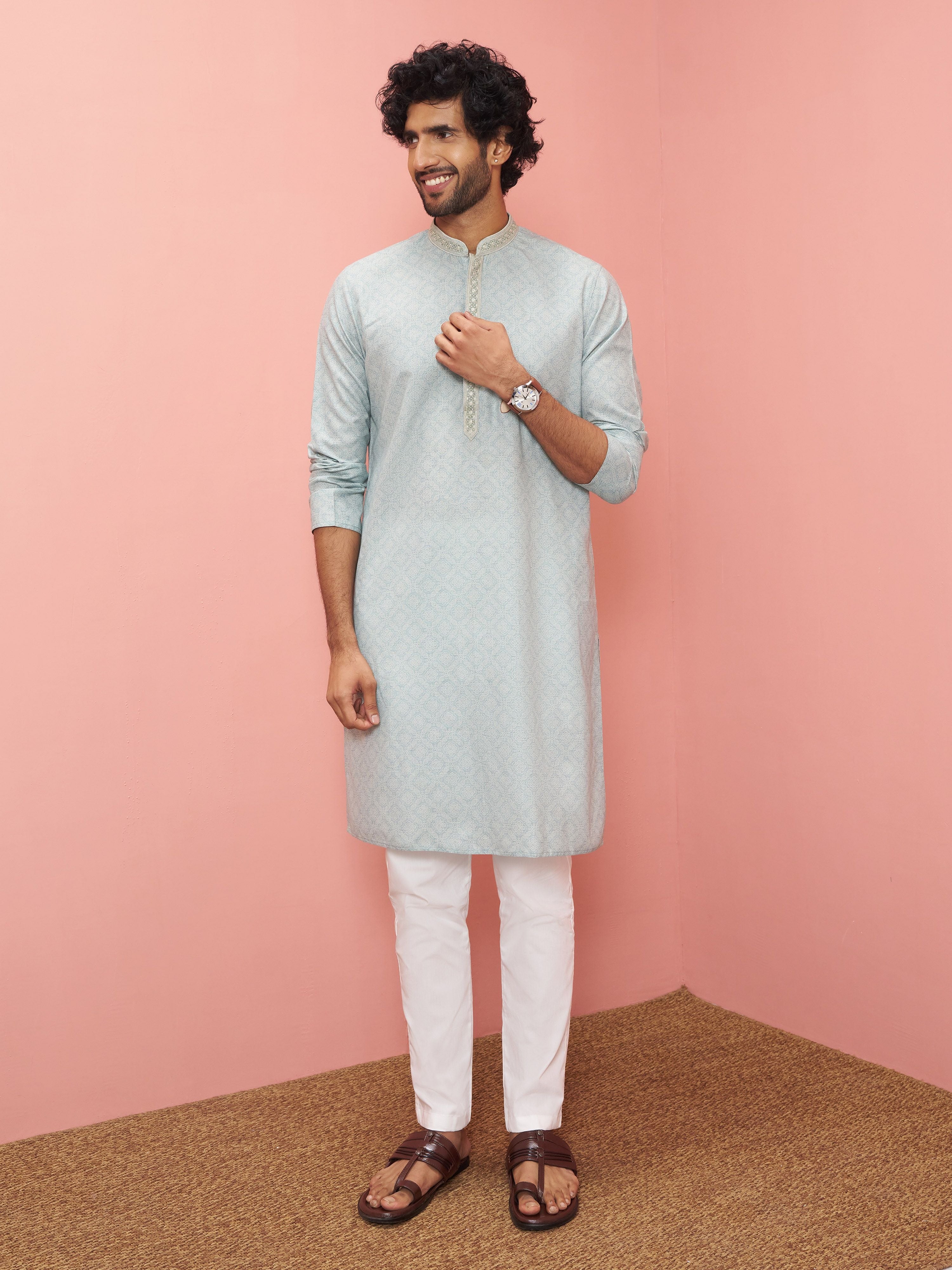 Men's Grey Cotton-Linen Digital Print Knee Length Kurta with Pyjama