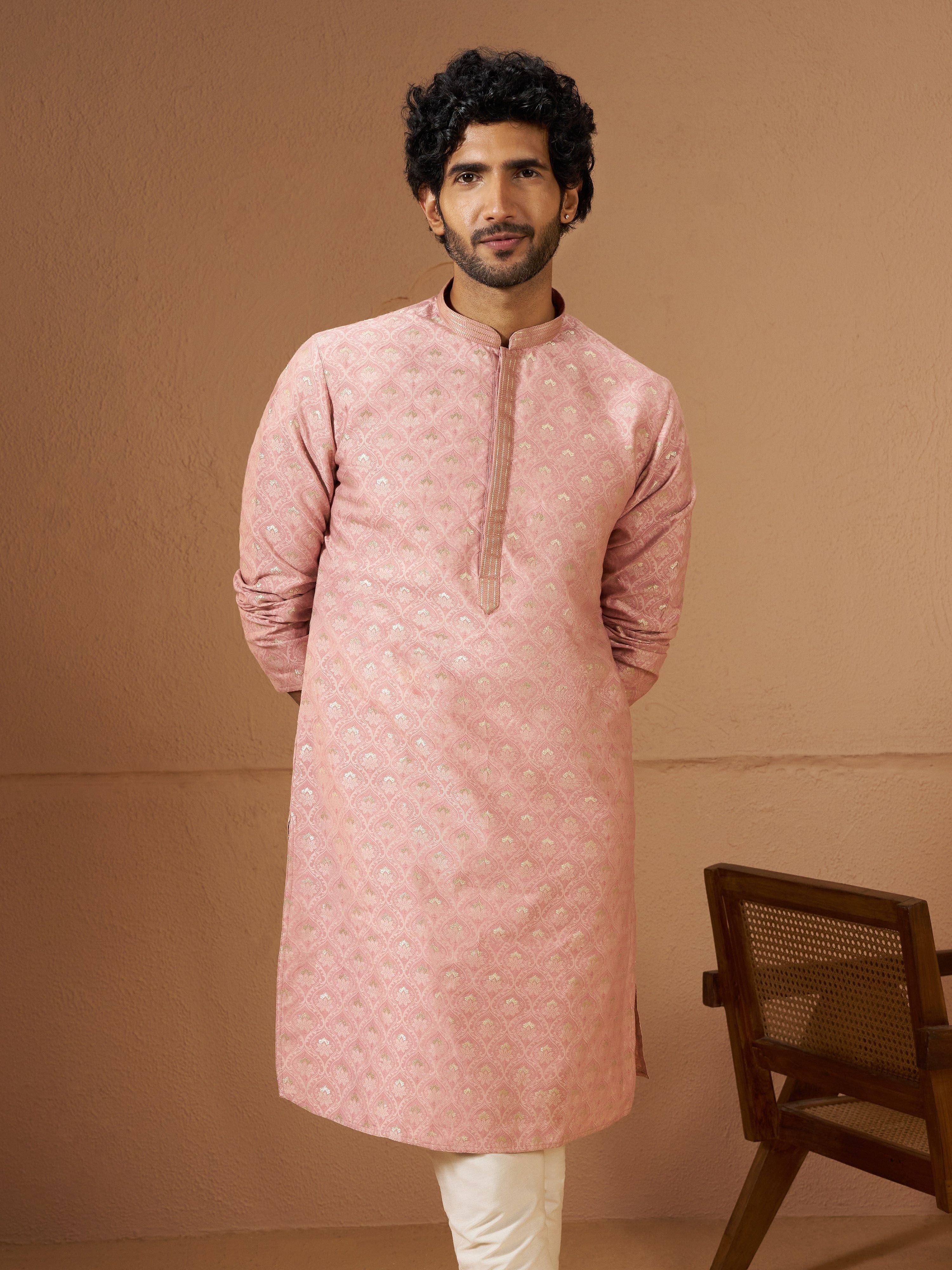 Men Peach Silk Blend Kurta Festive, Diwali Ethnic Wear