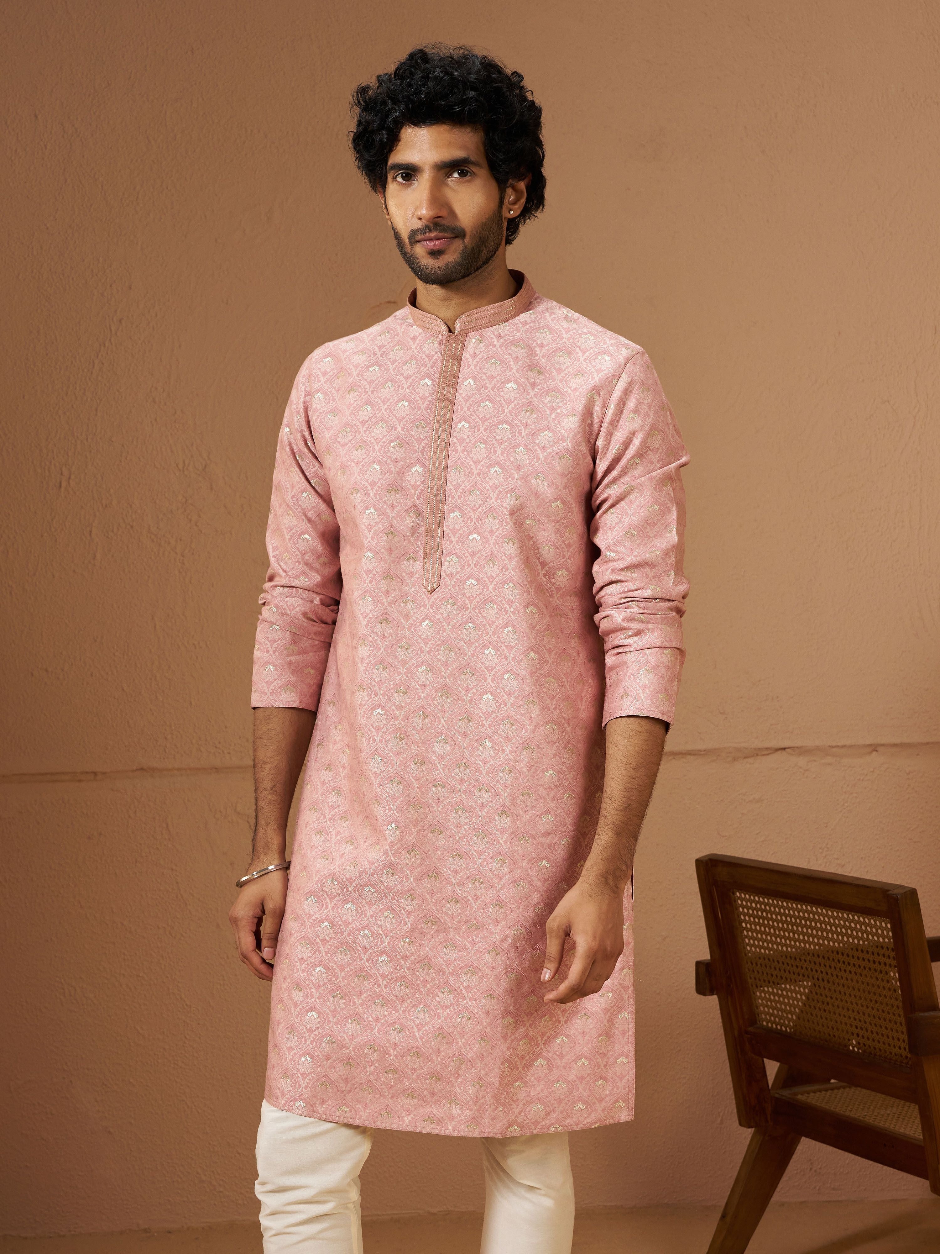 Men's Peach Silk-Blend Self Design Knee Length Kurta