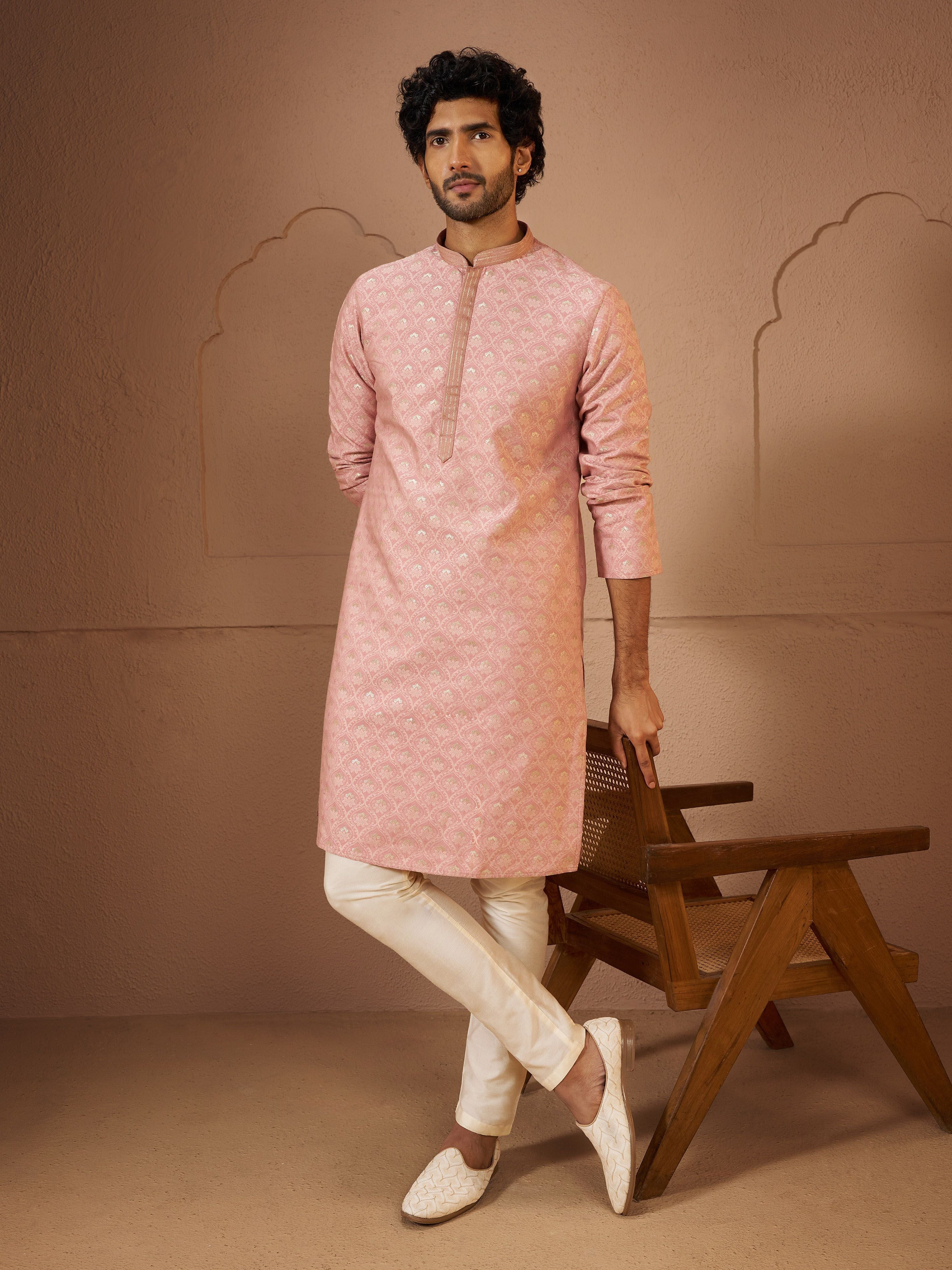 Men's Peach Silk-Blend Self Design Knee Length Kurta