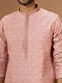 Men's Peach Silk-Blend Self Design Knee Length Kurta with Pyjama