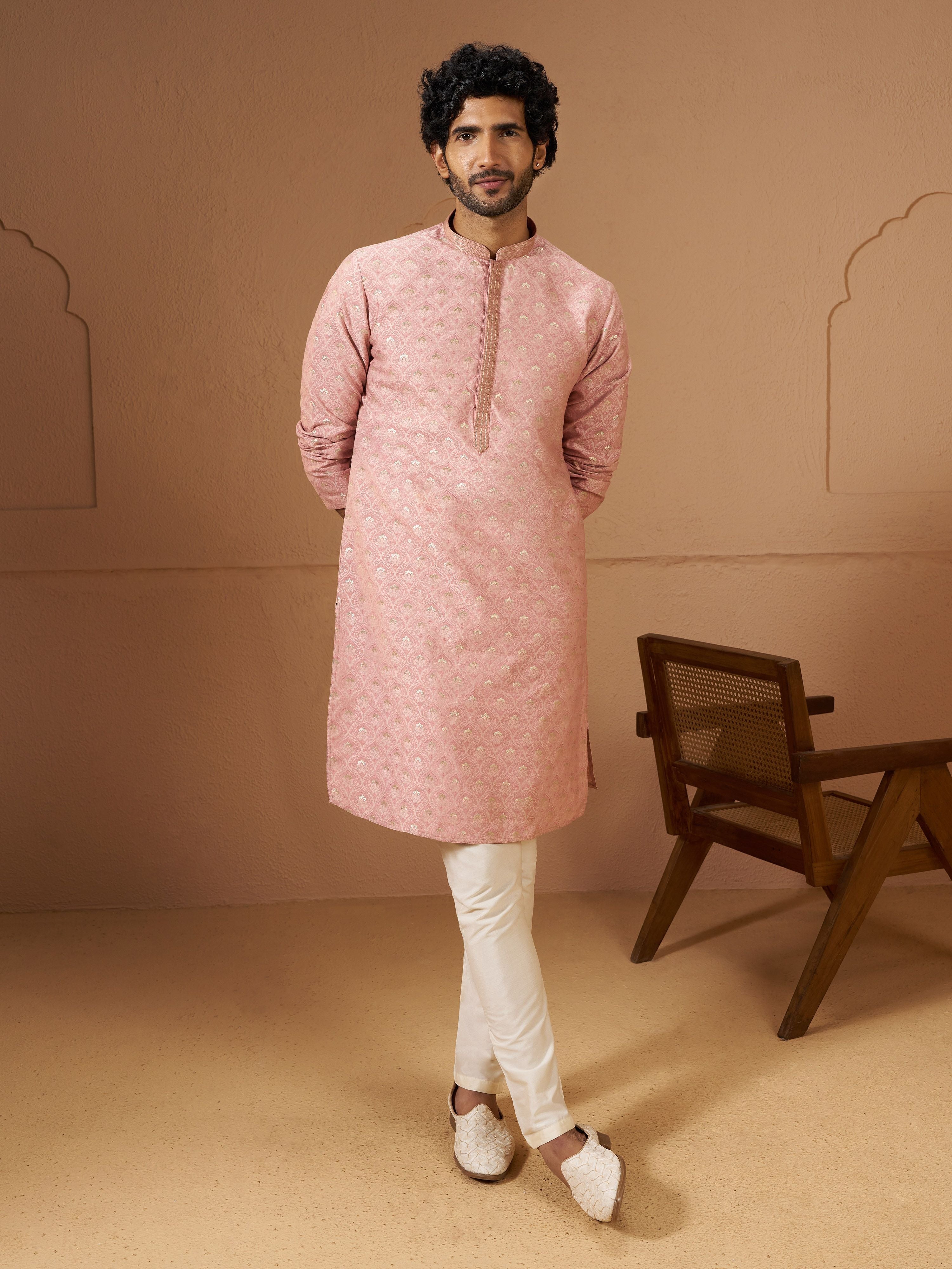 Men's Peach Silk-Blend Self Design Knee Length Kurta with Pyjama