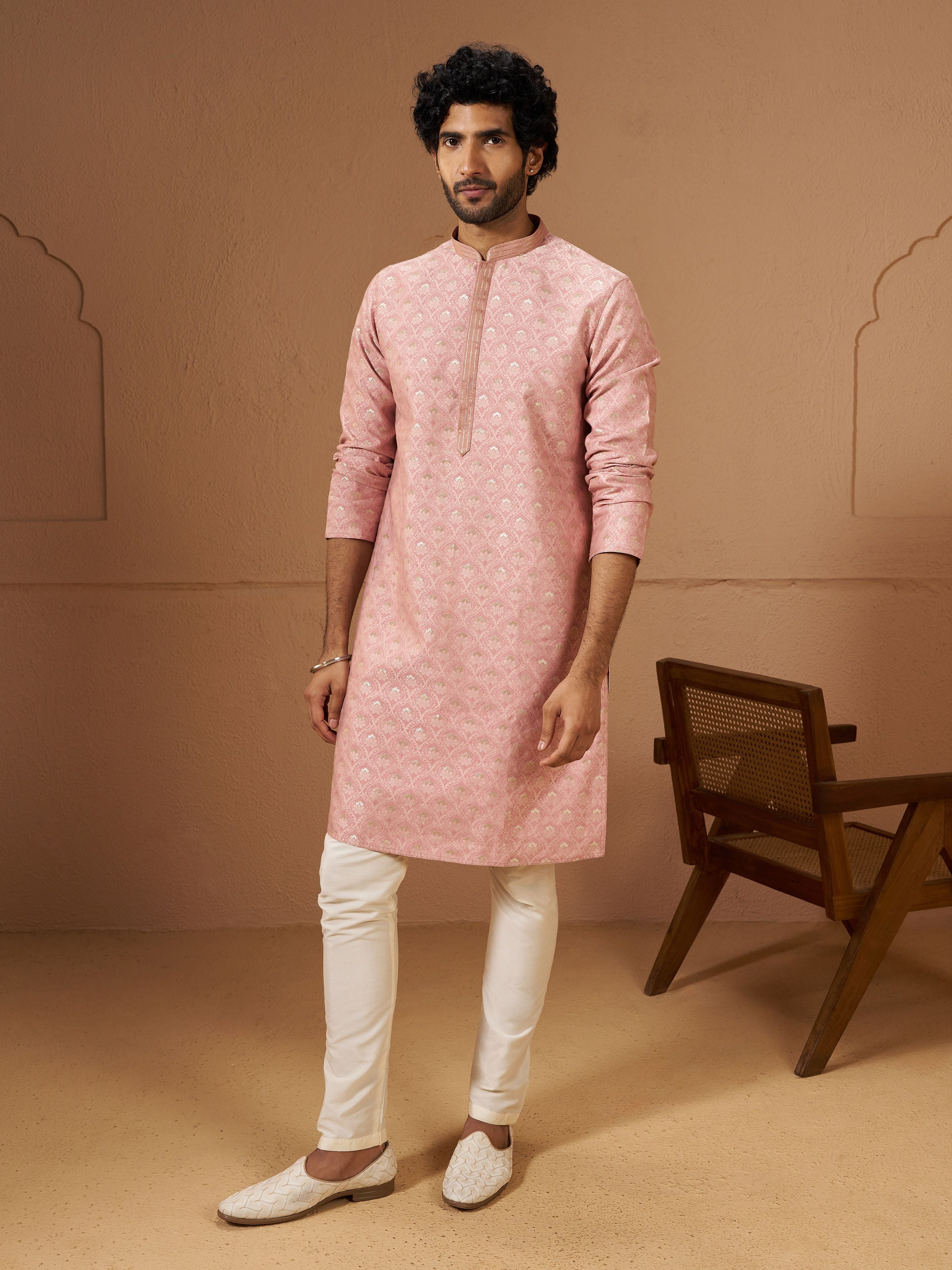 Men's Peach Silk-Blend Self Design Knee Length Kurta with Pyjama
