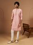 Men's Peach Silk-Blend Self Design Knee Length Kurta with Pyjama